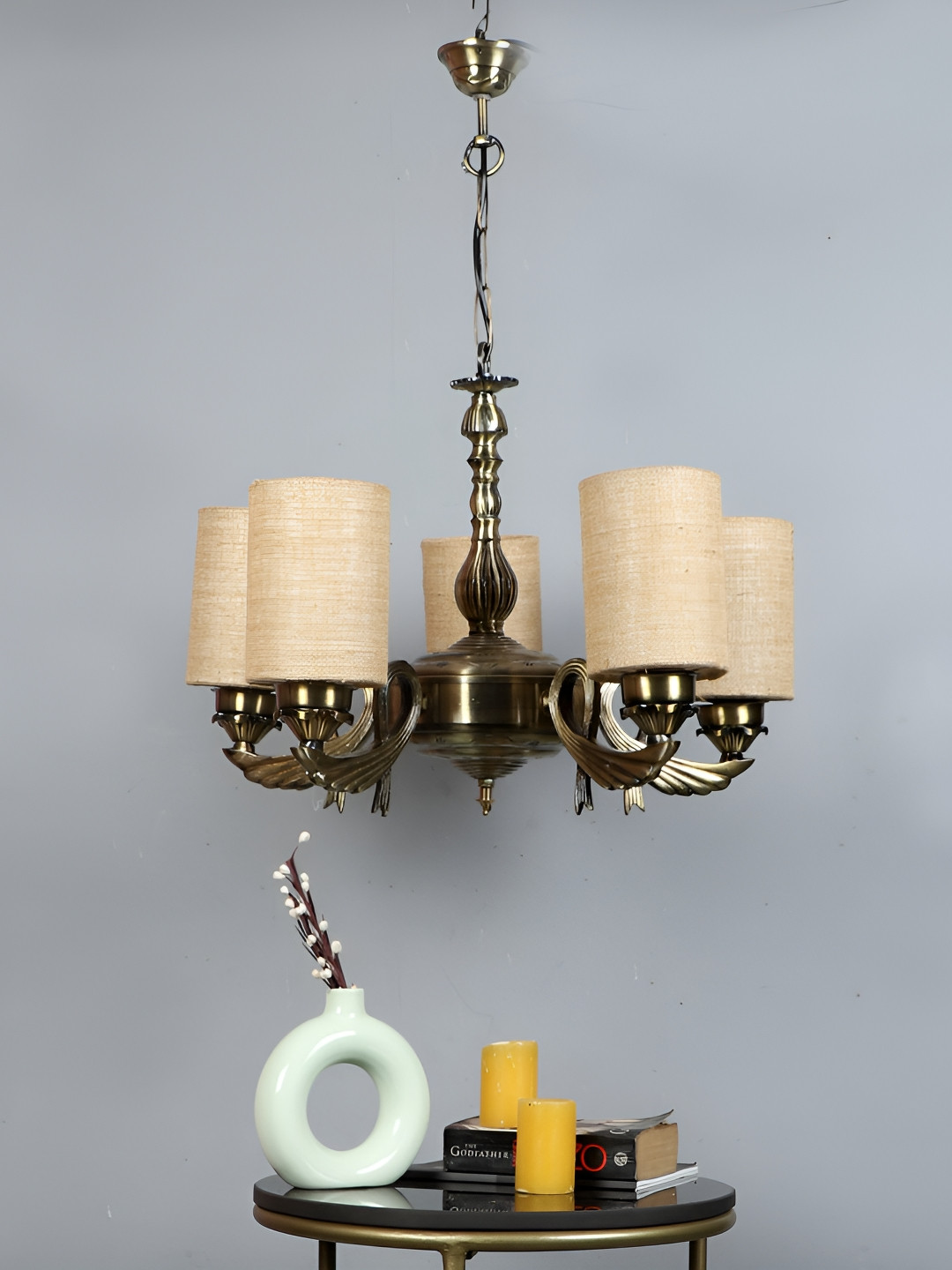 Devansh Beige Textured Jute Round shade with Antique Golden Chandelier Metal Ceiling Lamp