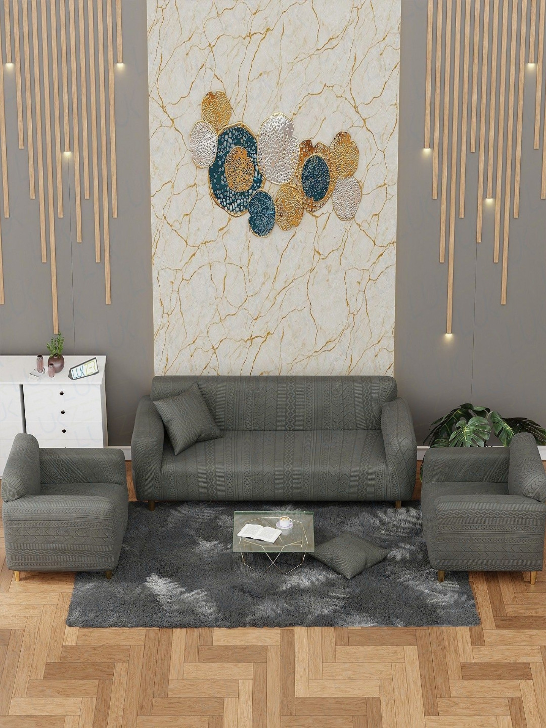 Lukzer Pastel Grey Zigzag Pattern 5 Seater Sofa Cover