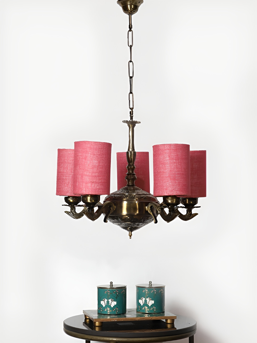 Devansh Pink Jute Round shade with Antique Golden Chandelier Metal Ceiling Lamp