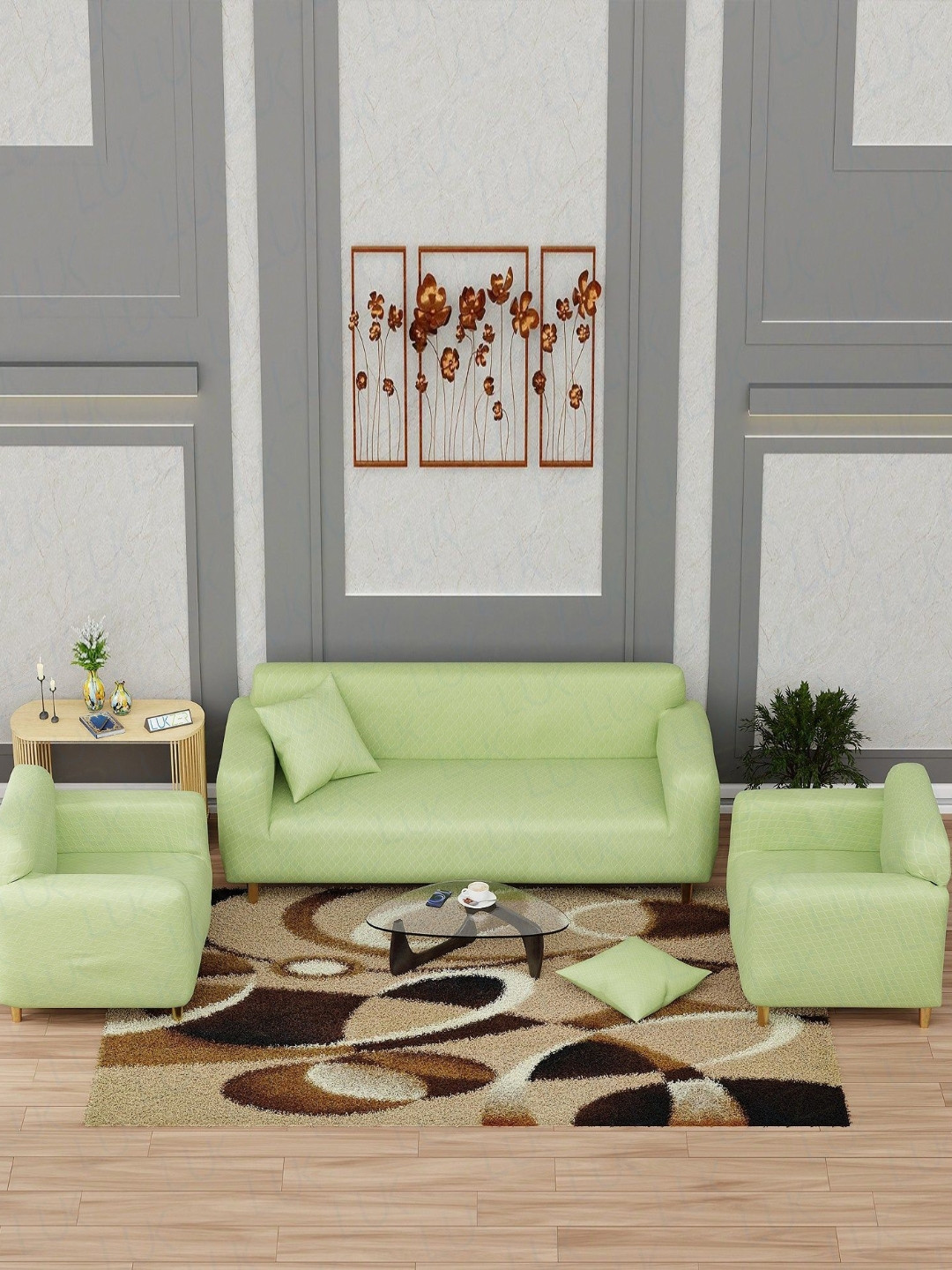 Lukzer Pastel Green Curved Diamond Pattern 5 Seater Sofa Cover