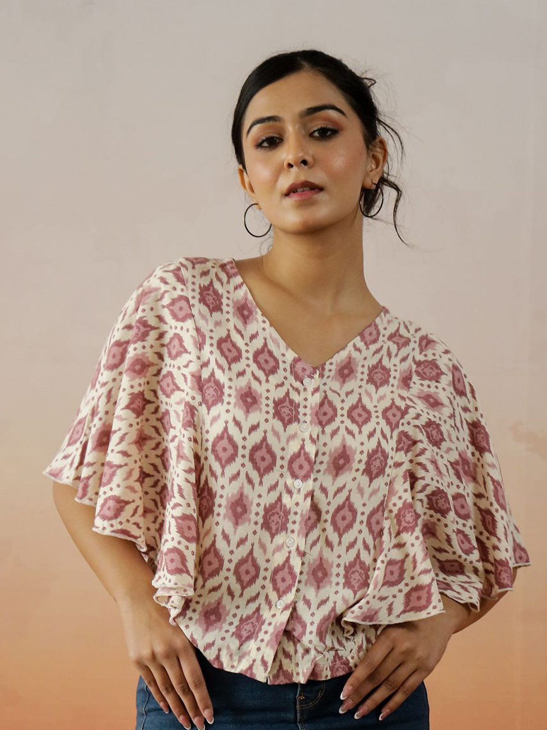 SANSKRUTIHOMES Women Floral Print Abstract Prined Kimono Sleeve Pure cotton Top