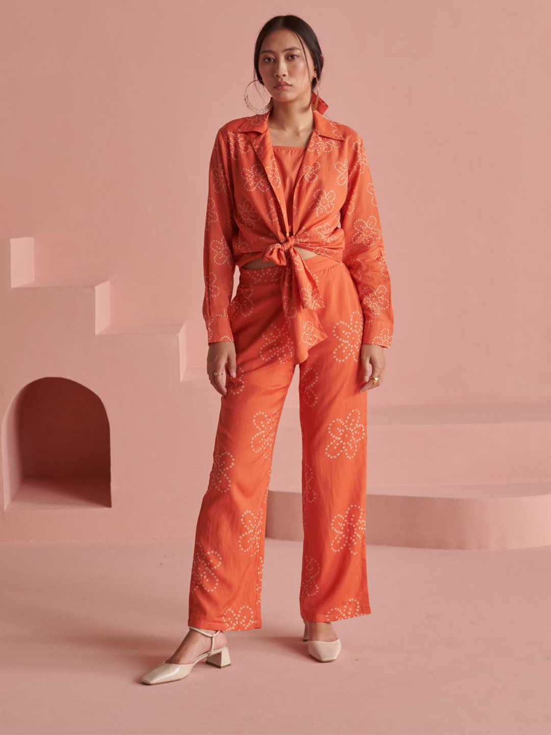 Prakriti Jaipur Bandhani Printed Crop Top With Trouser & Tie-ups Shirt