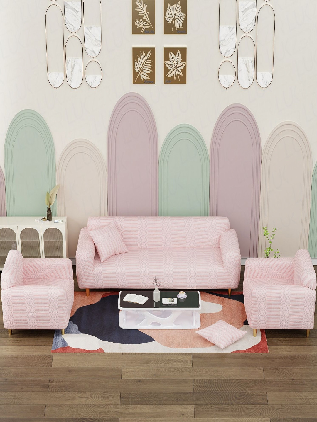 Lukzer Pastel Pink Dotted Stripe Pattern 5 Seater Sofa Cover