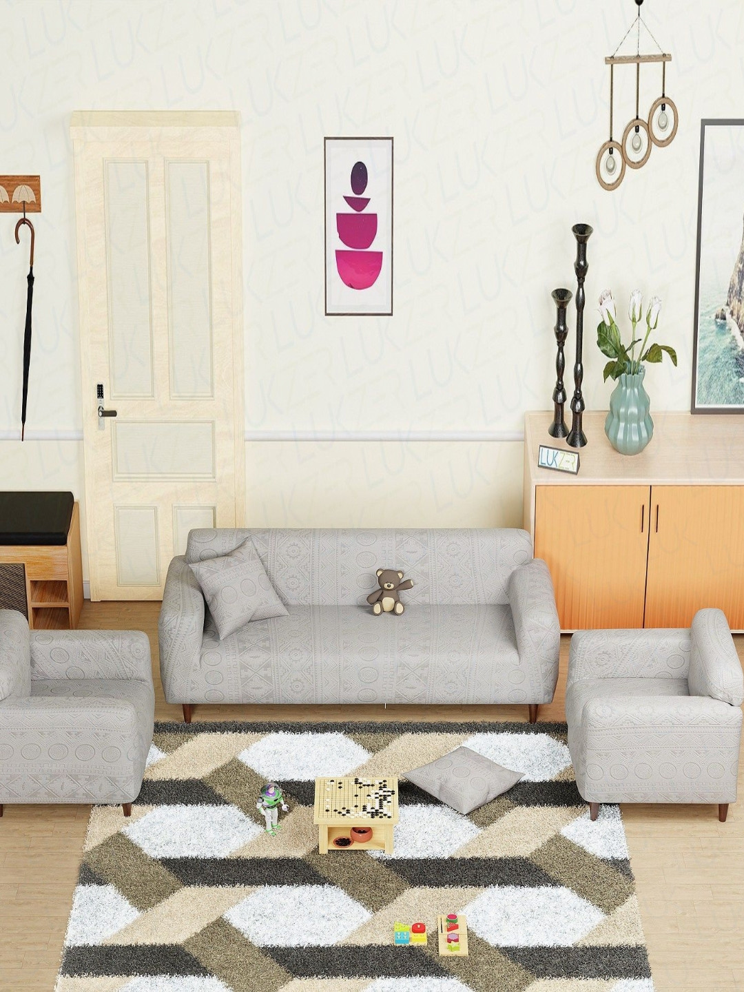 Lukzer Pastel Grey Tribal Pattern 5 Seater Sofa Cover