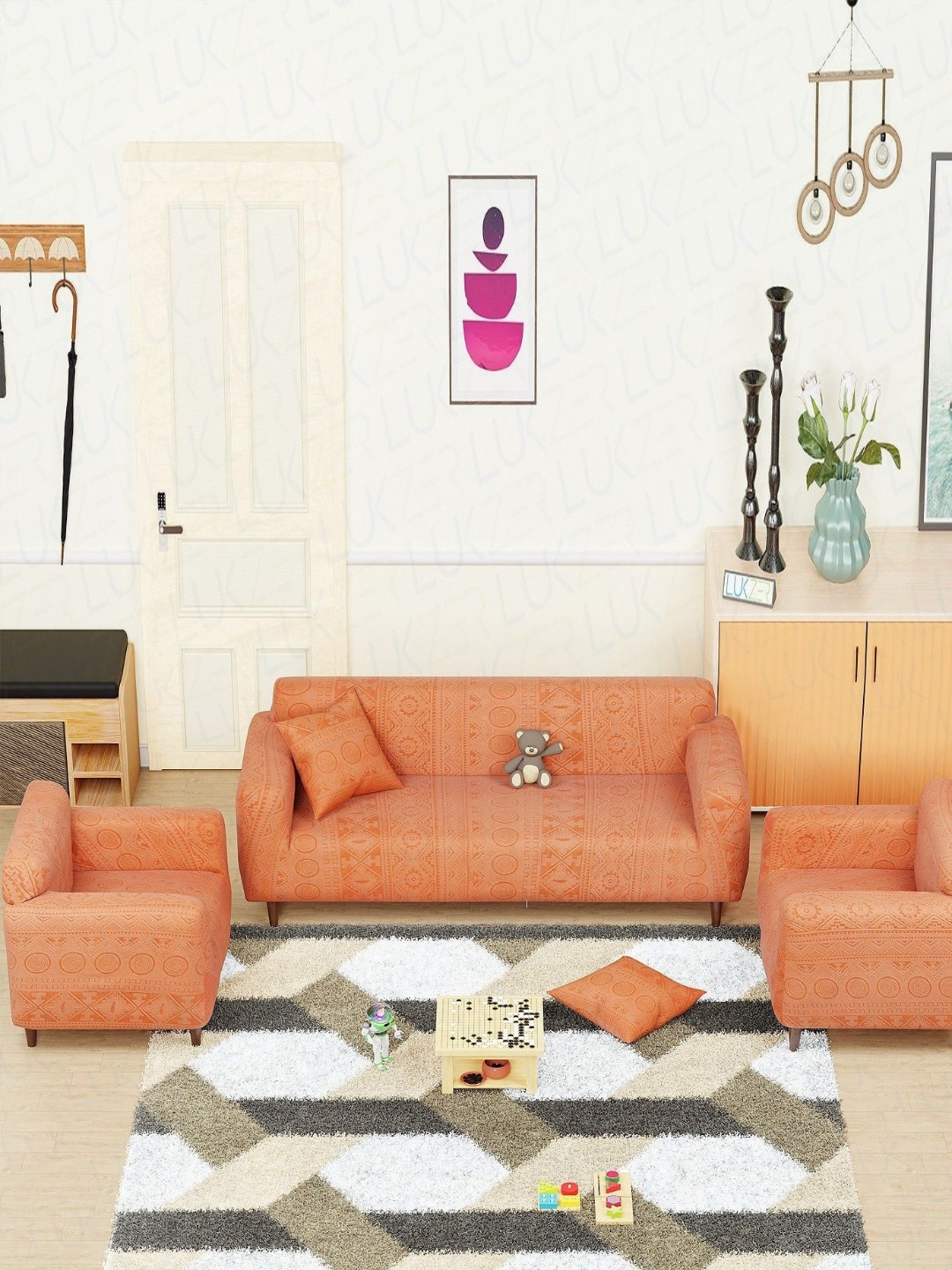 Lukzer Pastel Orange Tribal Pattern 5 Seater Sofa Cover