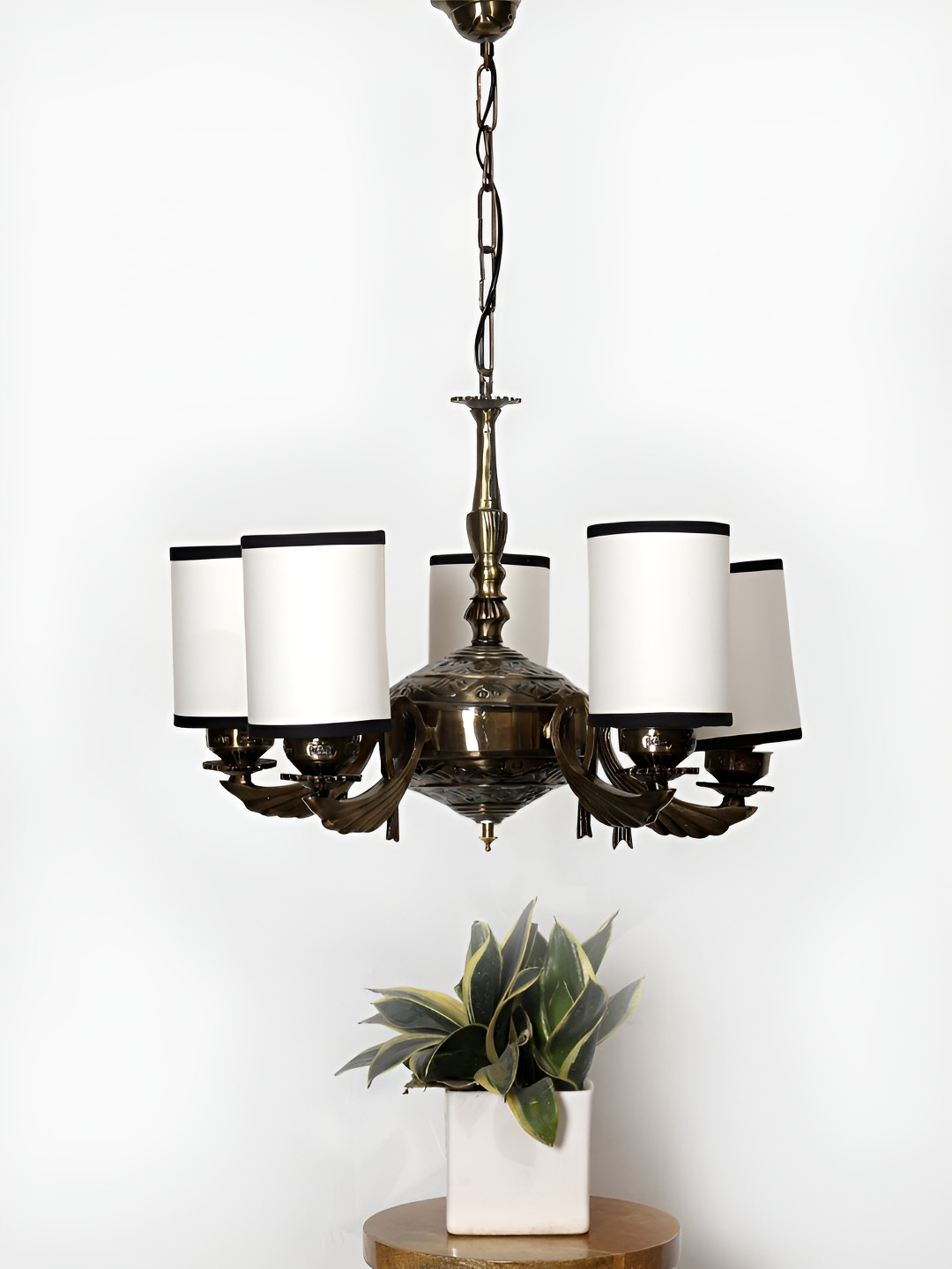 Devansh White & Brown Round cotton shade with Antique Golden Chandelier Metal Ceiling Lamp