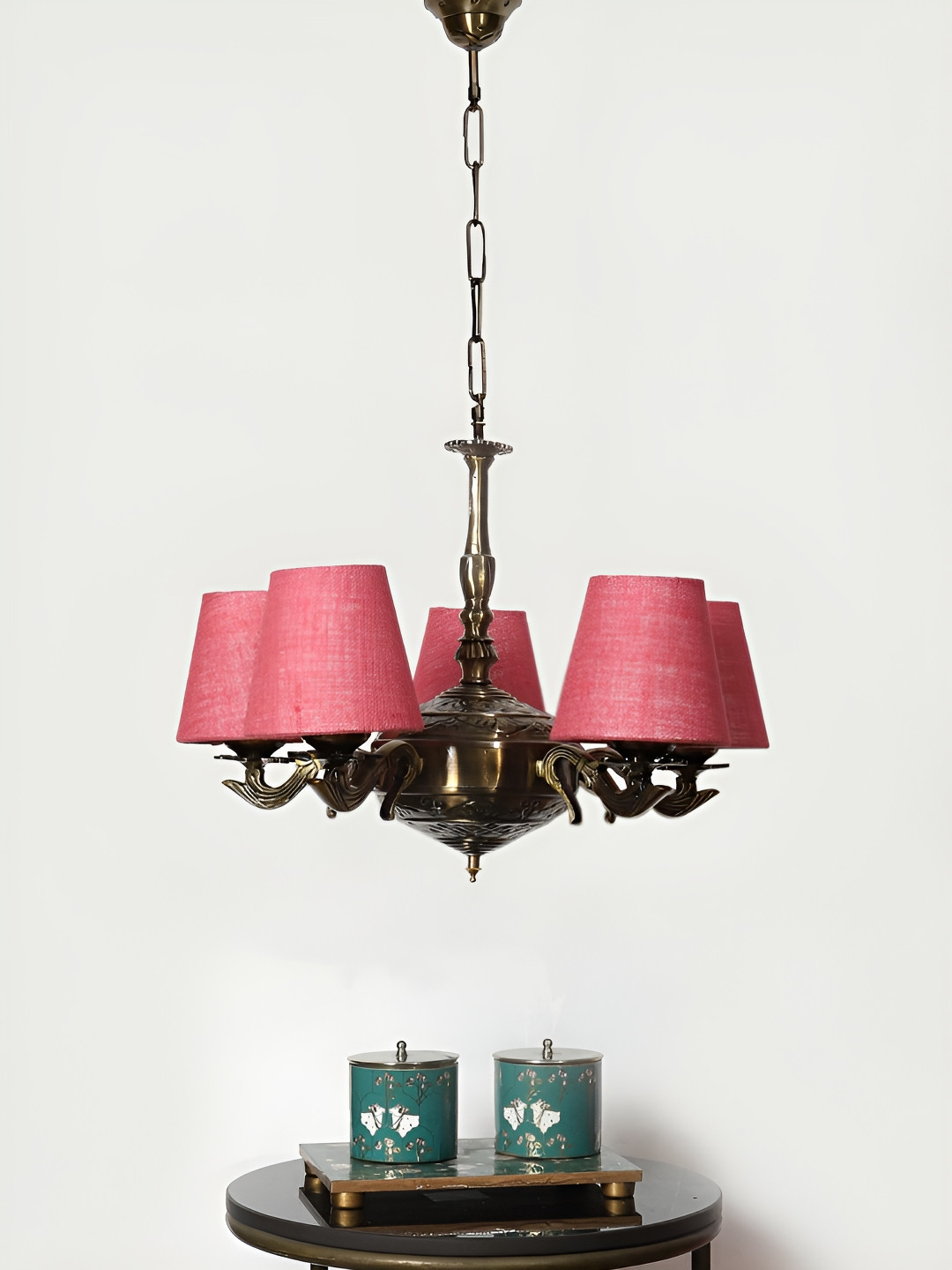 Devansh Pink & Black Jute conical  shade with Antique Golden Chandelier Metal Ceiling Lamp