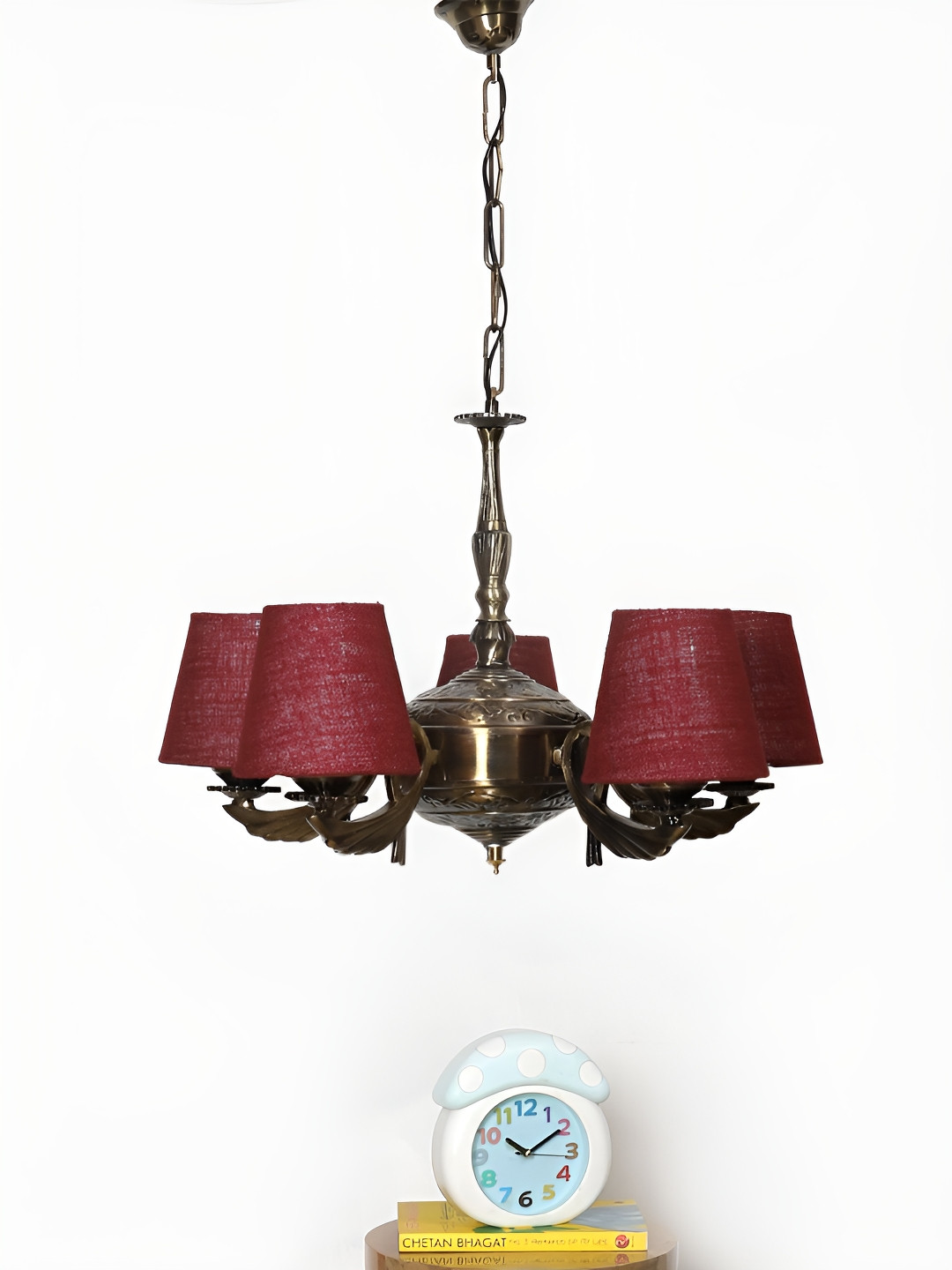 Devansh Pink & Brown Conical shade with Antique Golden Chandelier Metal Ceiling Lamp
