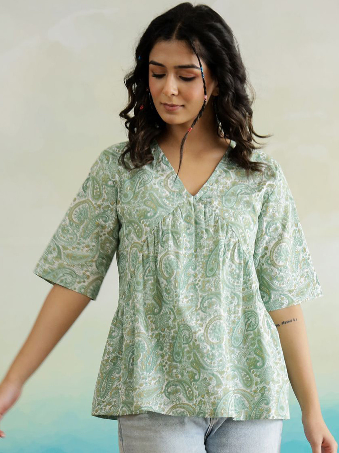 SANSKRUTIHOMES Women Ethnic Motifs Printed Pure Cotton Top