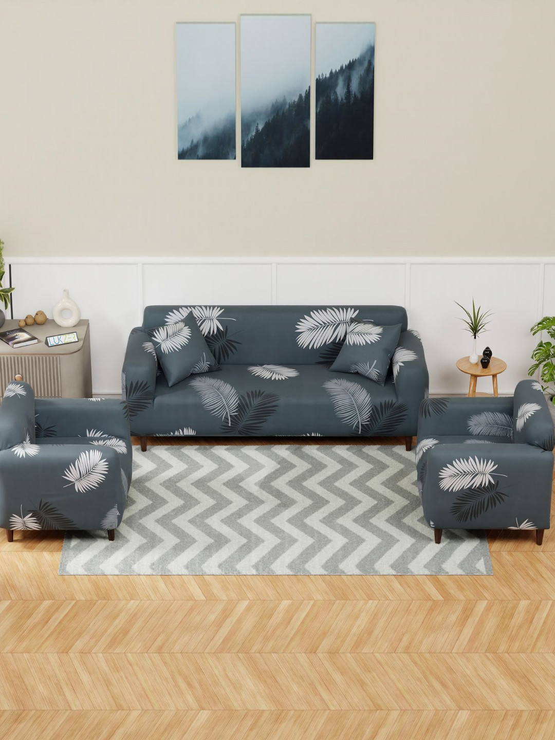 Lukzer Grey Leaves Design 5 Seater Sofa Cover