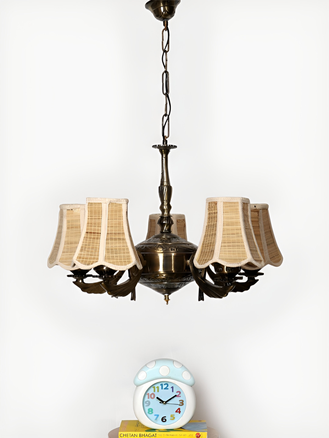 Devansh Beige Bamboo Vintage shade with Antique Golden Chandelier Metal Ceiling Lamp