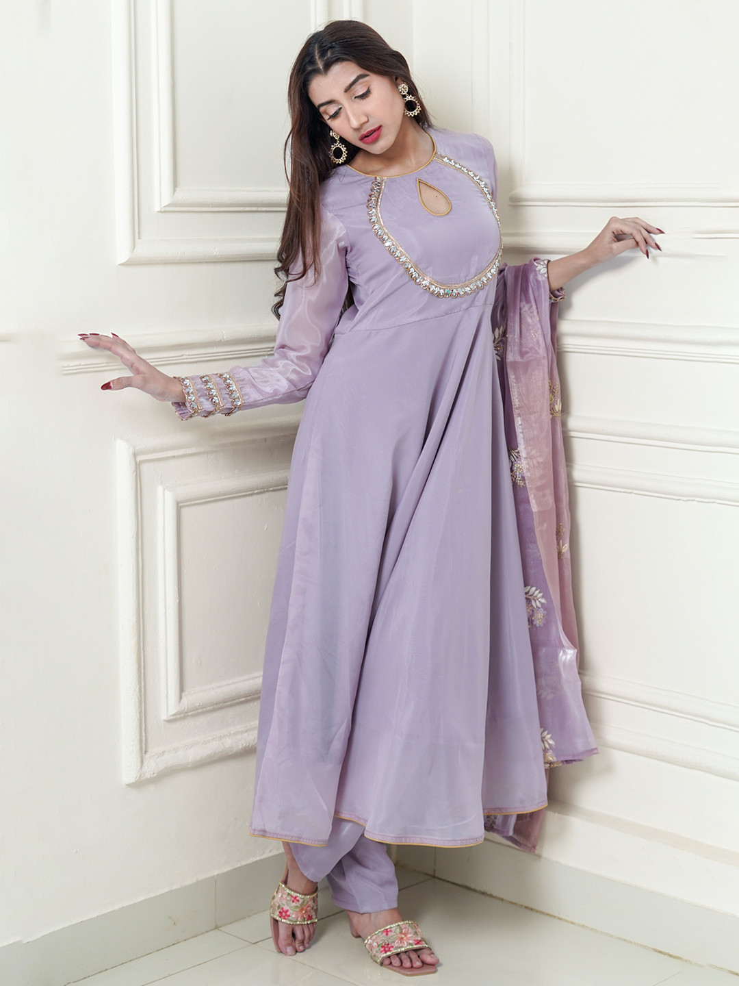 GO BOUJEE Floral Yoke Design Mirror Work Anarkali Organza Kurta with Trousers & Dupatta