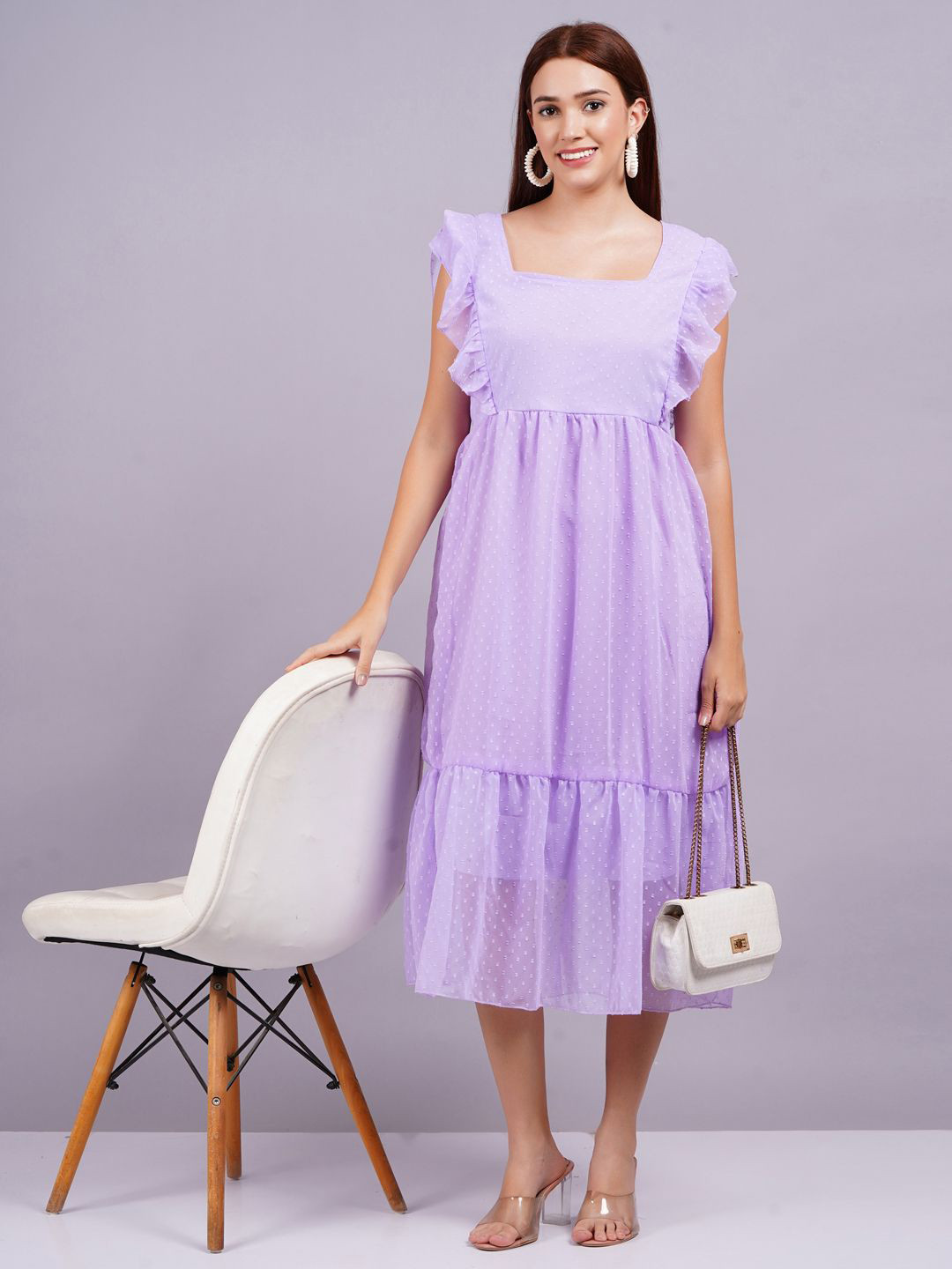 JC4U Self Design Flutter Sleeve Georgette A-line Midi Dress