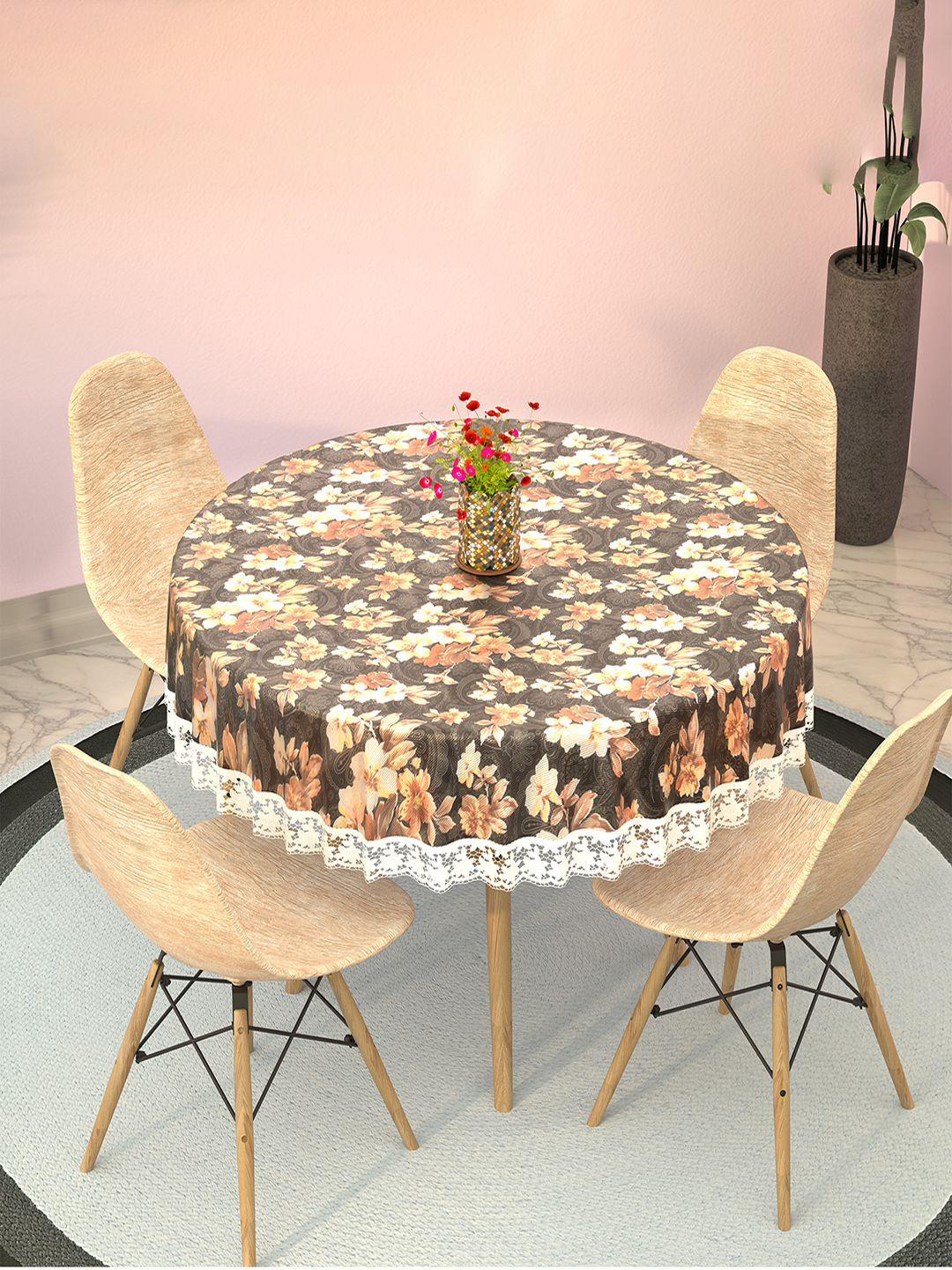 Kuber Industries Grey & Beige Floral Printed Waterproof Round 4-Seater Table Cover