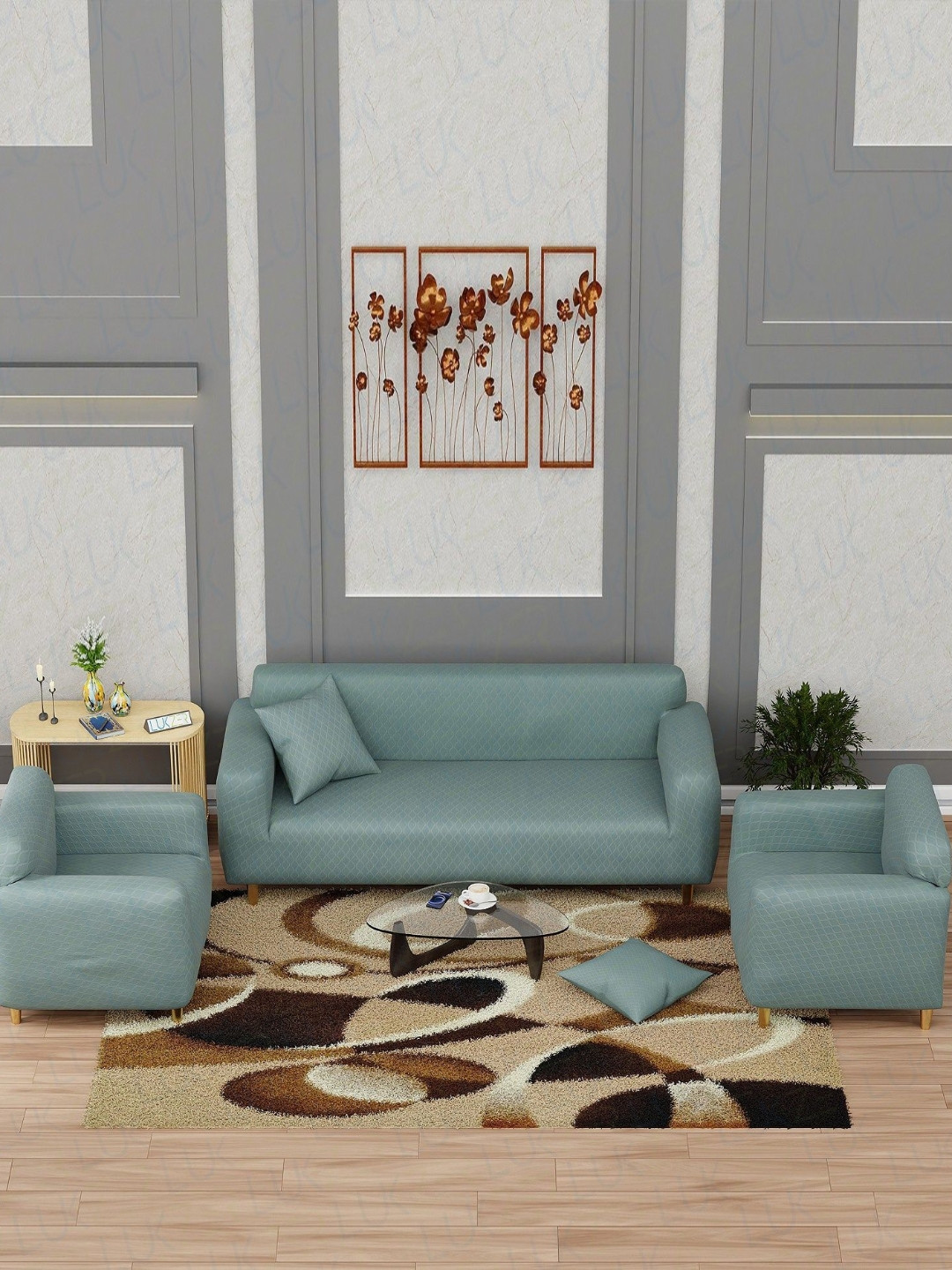 Lukzer Pastel Blue Curved Diamond Pattern 5 Seater Sofa Cover