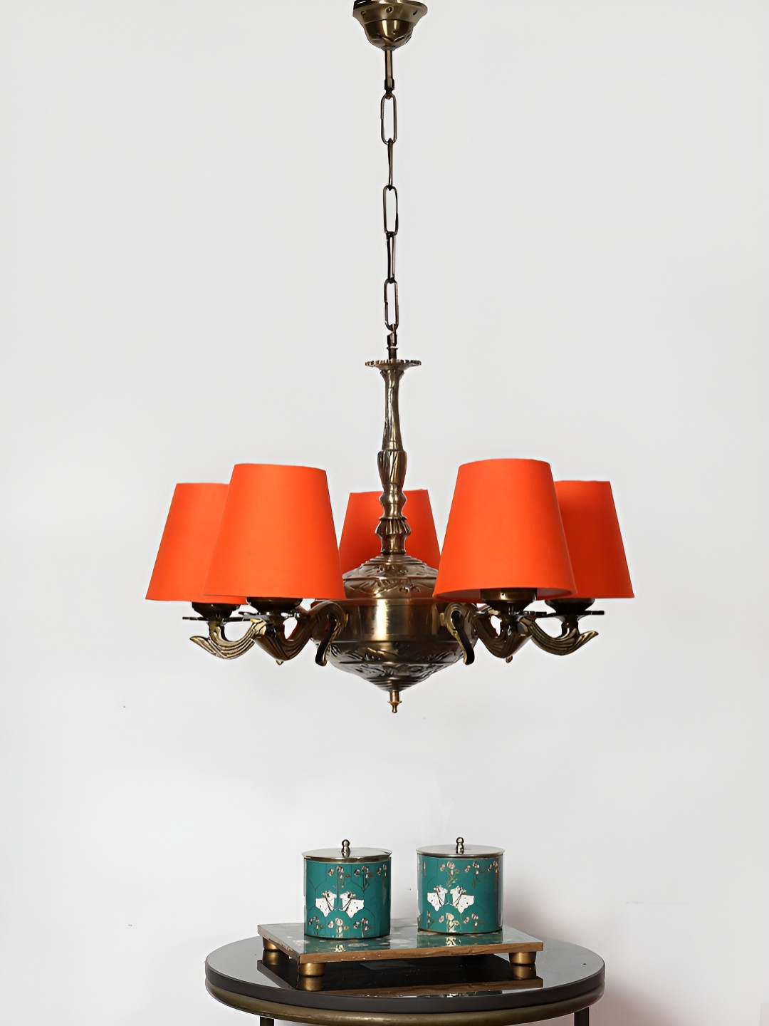 Devansh Orange Conical cotton shade with Antique Golden Chandelier Metal Ceiling Lamp