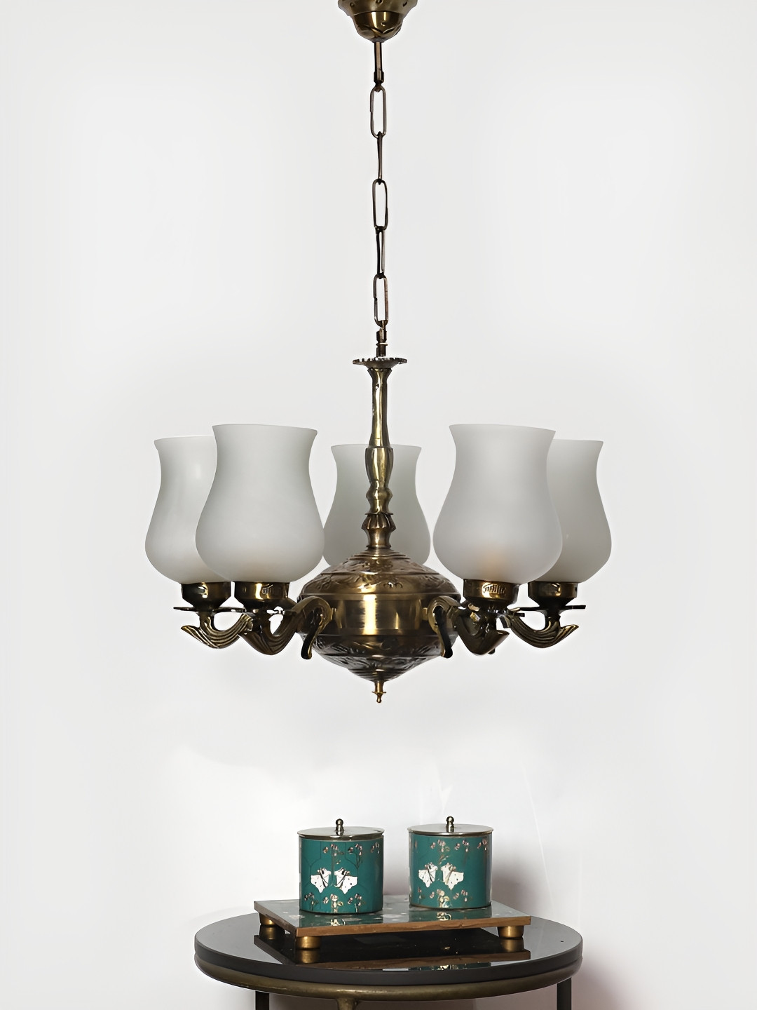 Devansh White & Gold-Toned Glass shade with Antique Golden Chandelier Ceiling Lamp