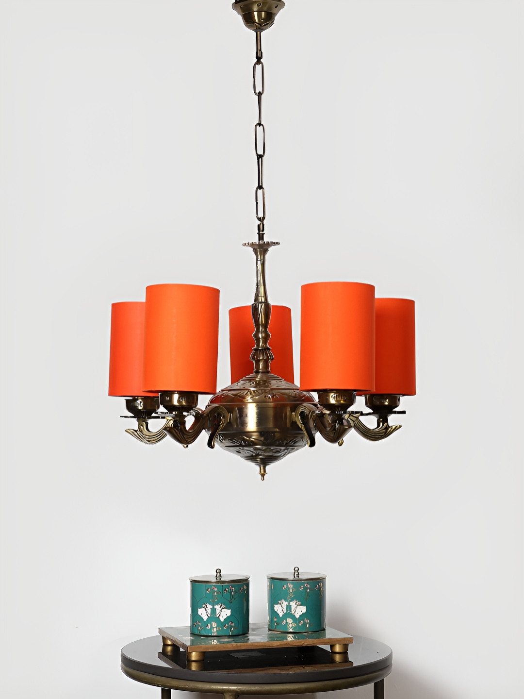 Devansh Orange Round cotton shade with Antique Golden Chandelier Metal Ceiling Lamp