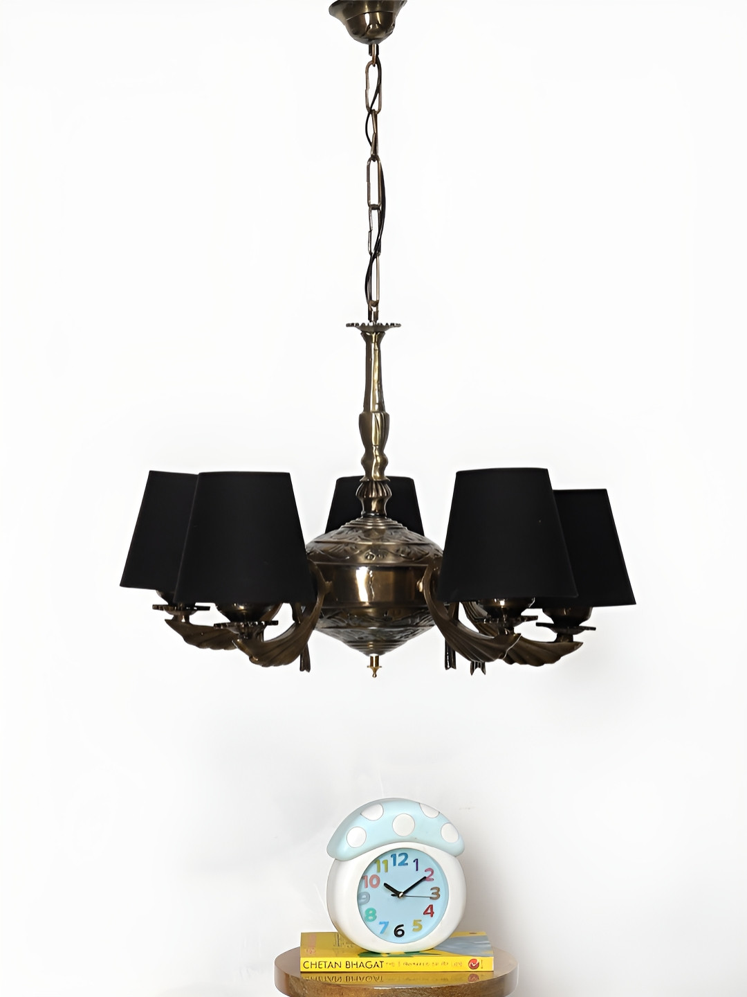 Devansh Black Conical Black cotton shade with Antique Golden Chandelier Metal Ceiling Lamp