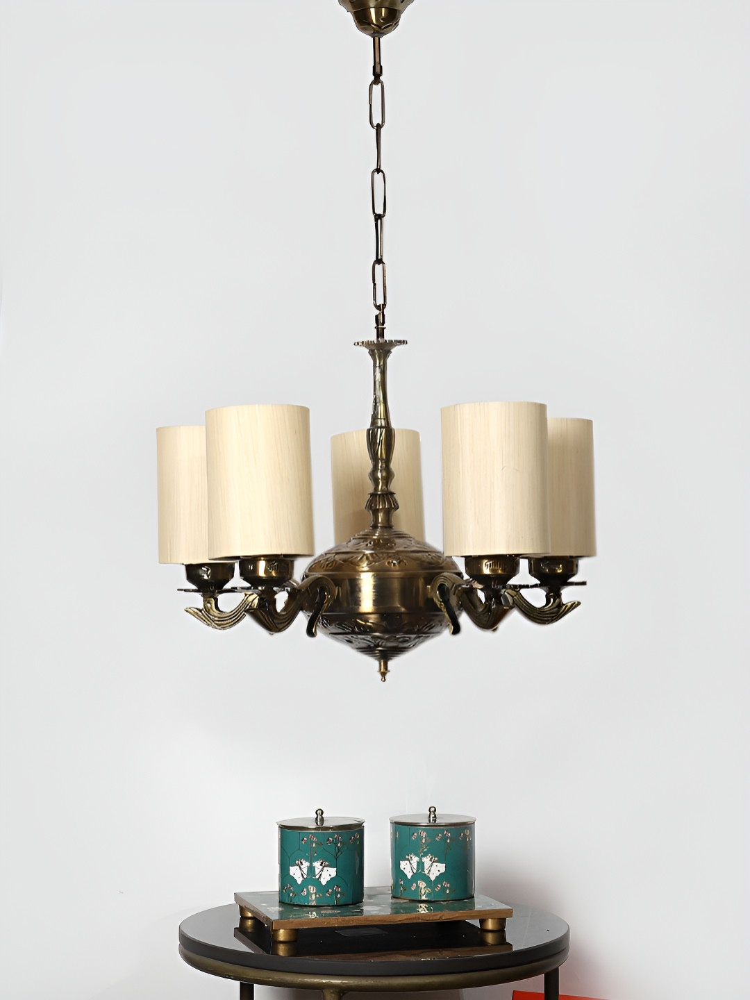 Devansh Off White & Brown cotton shade with Antique Golden Chandelier Metal Ceiling Lamp