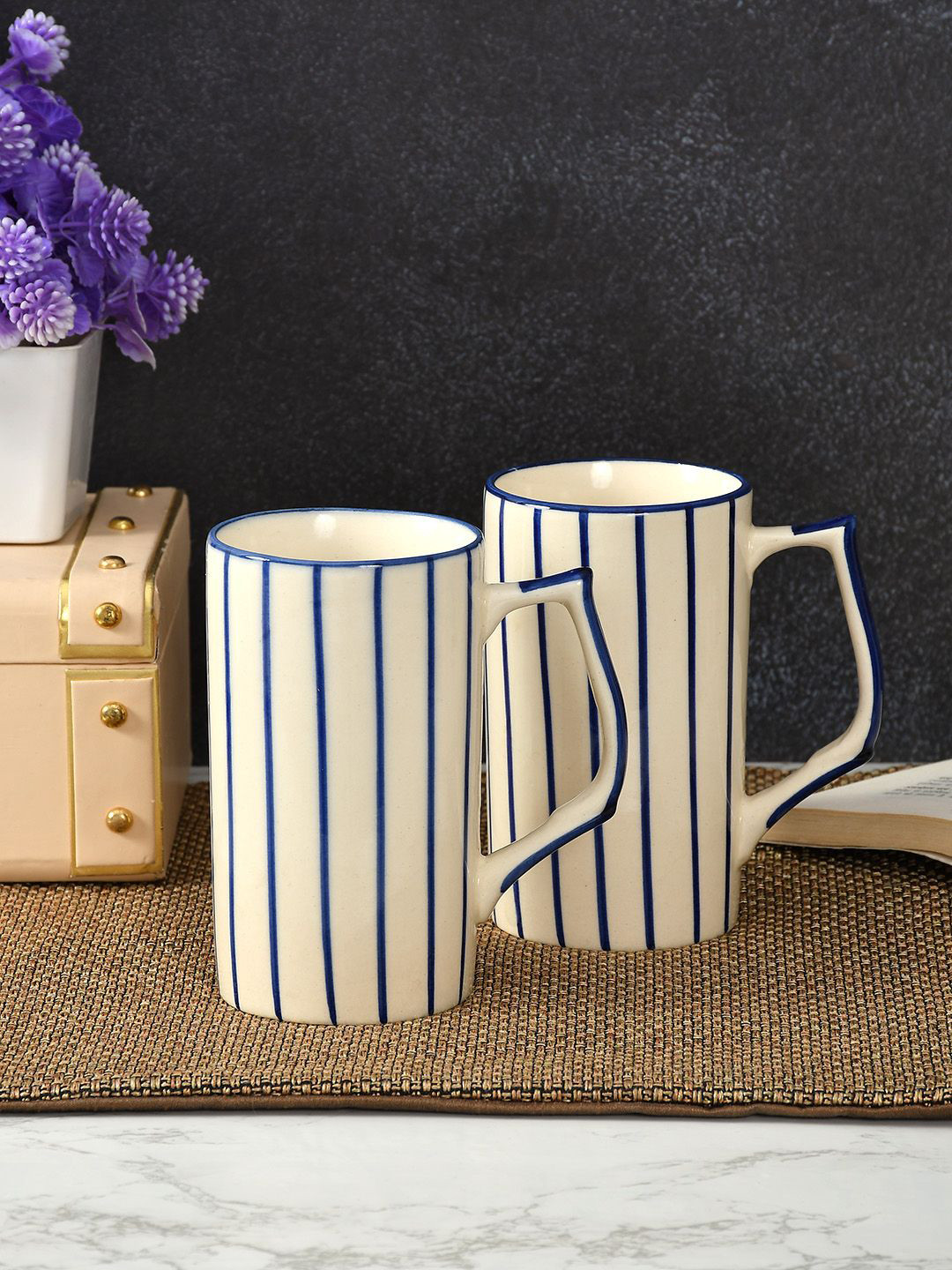 CLIO'S HERITAGE STORE I Love U More Than I Can BEAR Blue Striped Ceramic Handmade 2 Piece Mugs-350ml