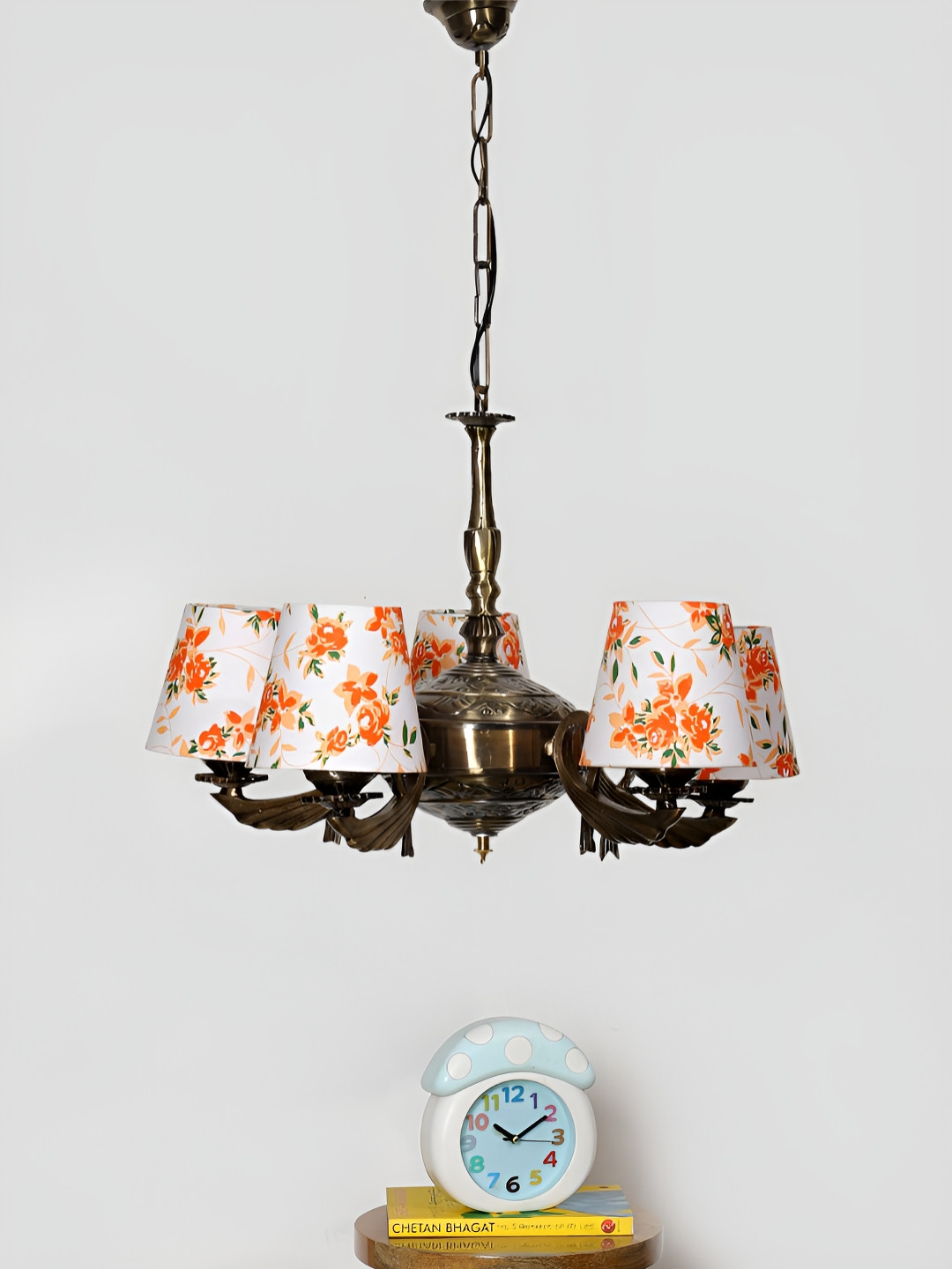 Devansh White Printed Conical cotton shade with Antique Golden Chandelier Ceiling Lamp