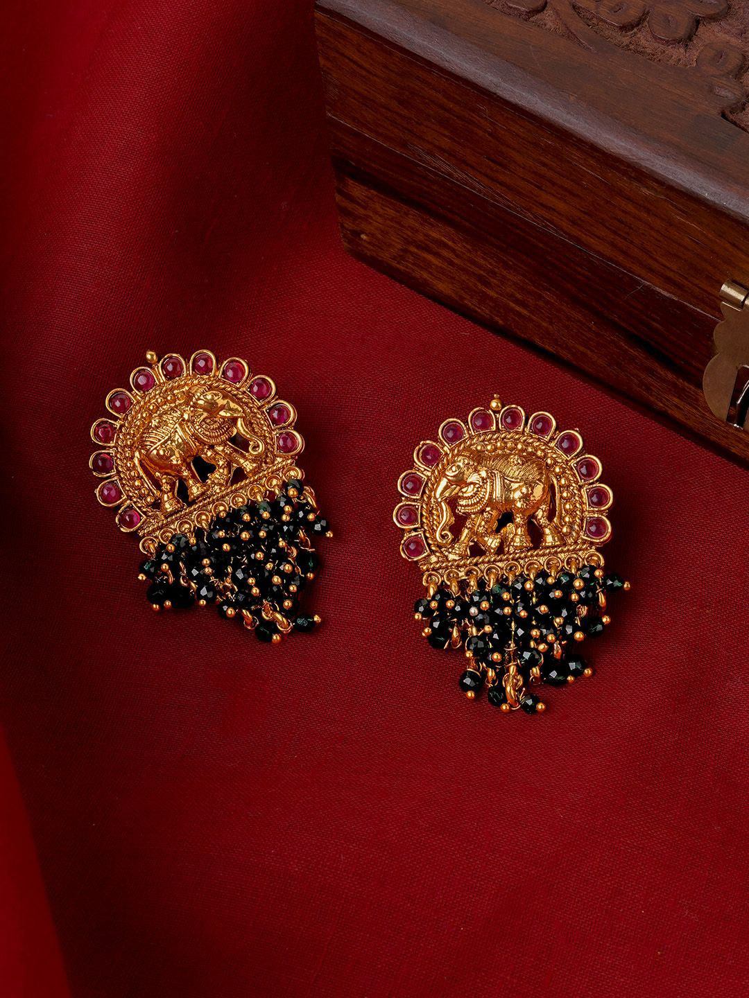 TEEJH Gold-Plated Stone Studded Temple Contemporary Studs