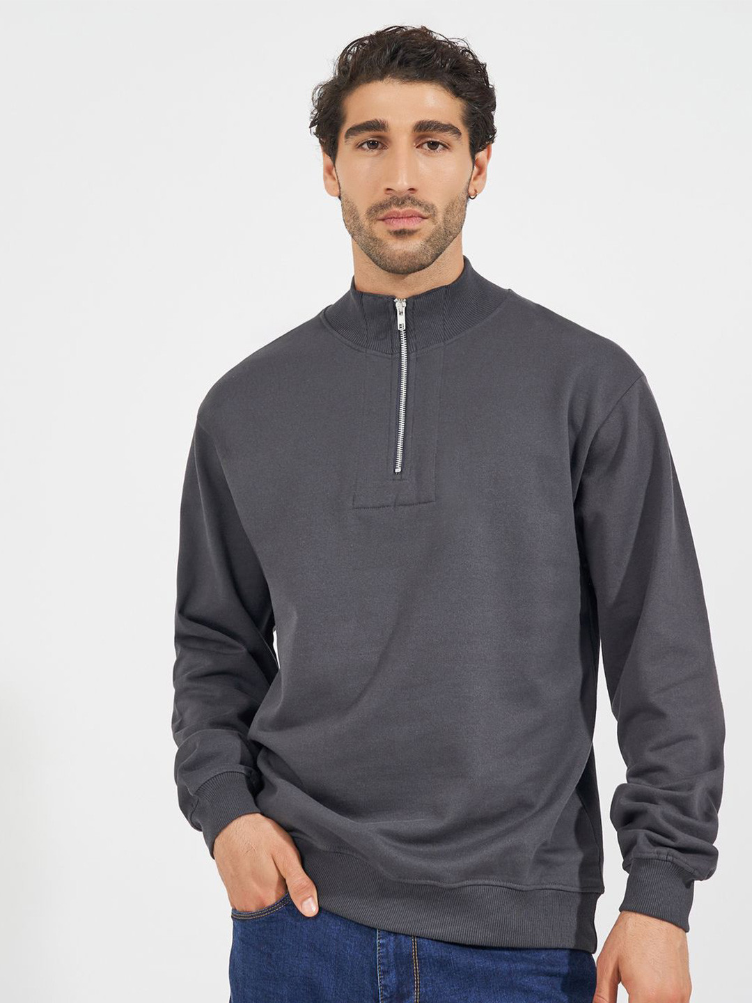 Styli Men Solid Mock Collar Half Zip Cotton Casual Pullover Ribbed Sweatshirt