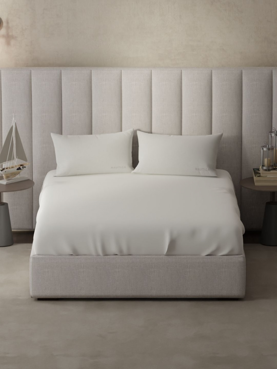 Nautica Echo-300 White Pure Cotton Anti-Microbial 300 TC King Fine Bedsheet with 2 Pillow Covers-108 x 108 inches