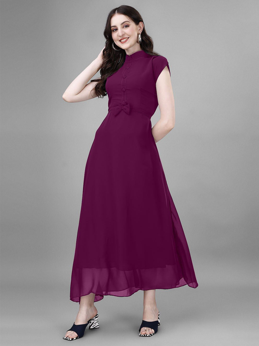 Krunal Raiyani Mandarin Collar Georgette A-Line Maxi Dress With A Belt