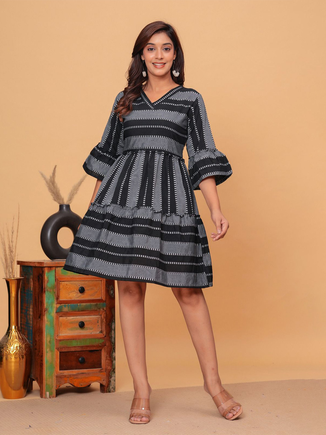 SARAI CREATIONS Women Striped Bell Sleeves Cotton Fit & Flare Mini Dress