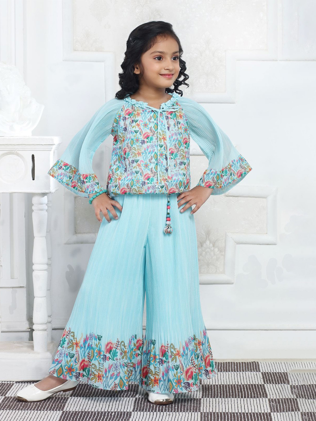 Lei-Chie Girls Floral Printed Round Neck Three-Quarter Sleeves Top With Palazzo