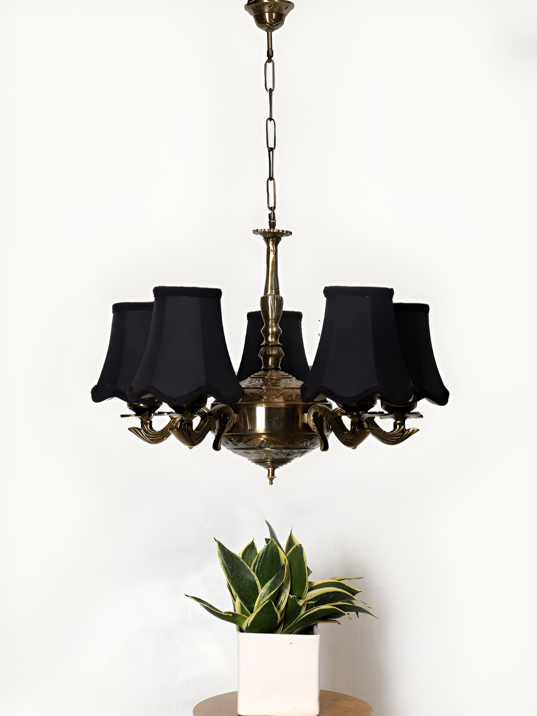 Devansh Black Vintage cotton shade with Antique Golden Chandelier Ceiling Lamp