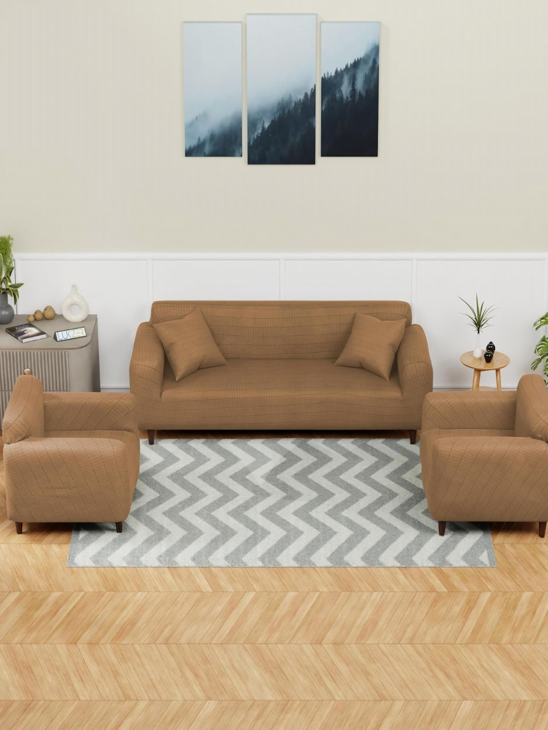 Lukzer Beige Printed Jacquard 5 Piece Sofa Cover With 5 Pcs Sofa & Cushion Covers