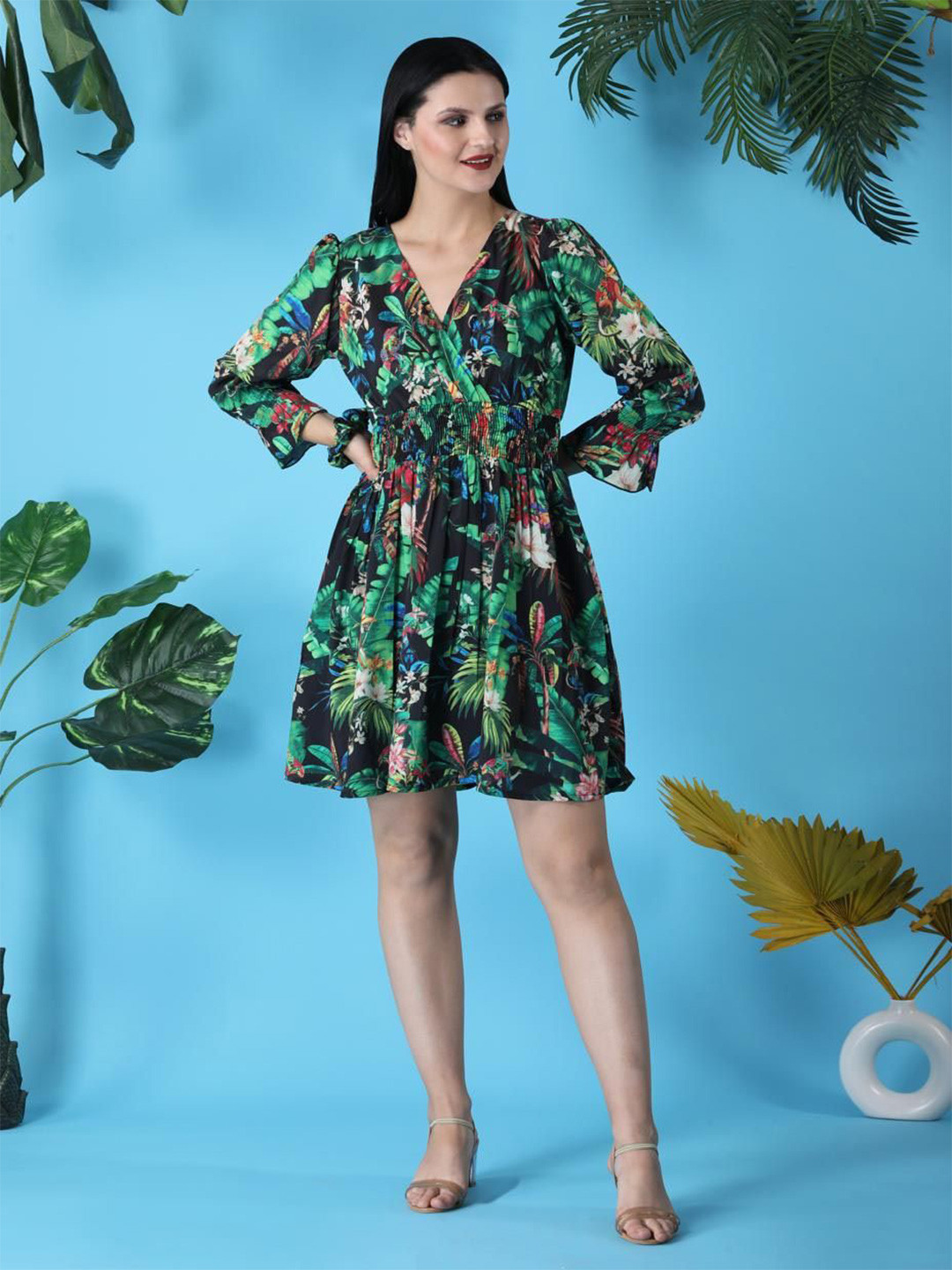 KWEEN Floral Printed V-Neck Fit & Flare Dress