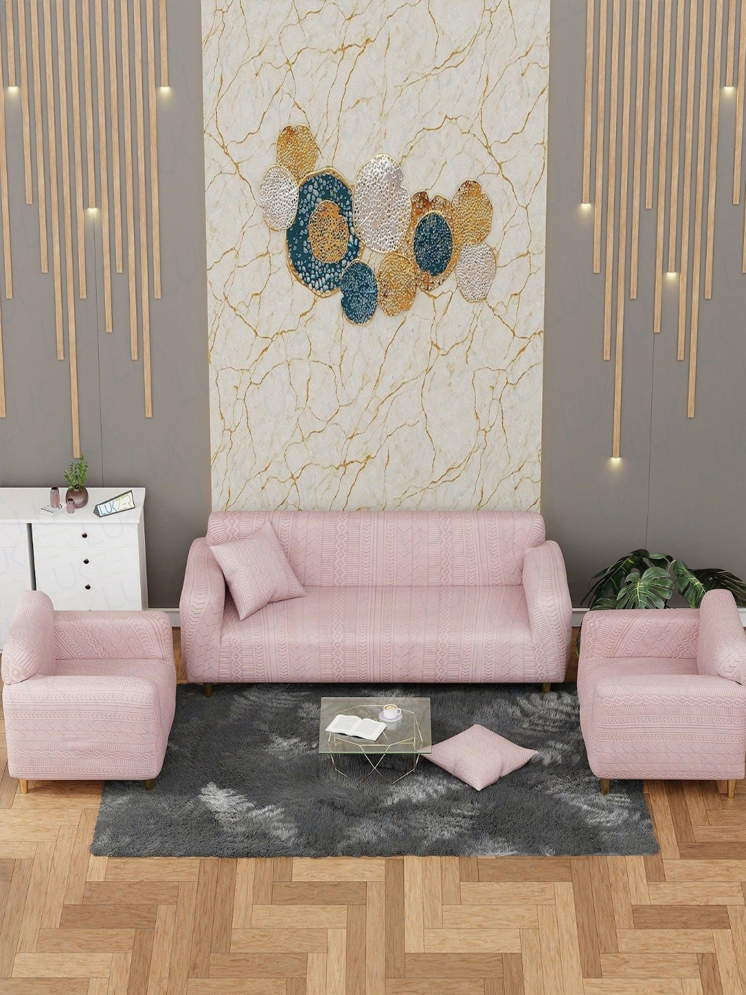 Lukzer Pastel Pink Zigzag Pattern 5 Seater Sofa Cover