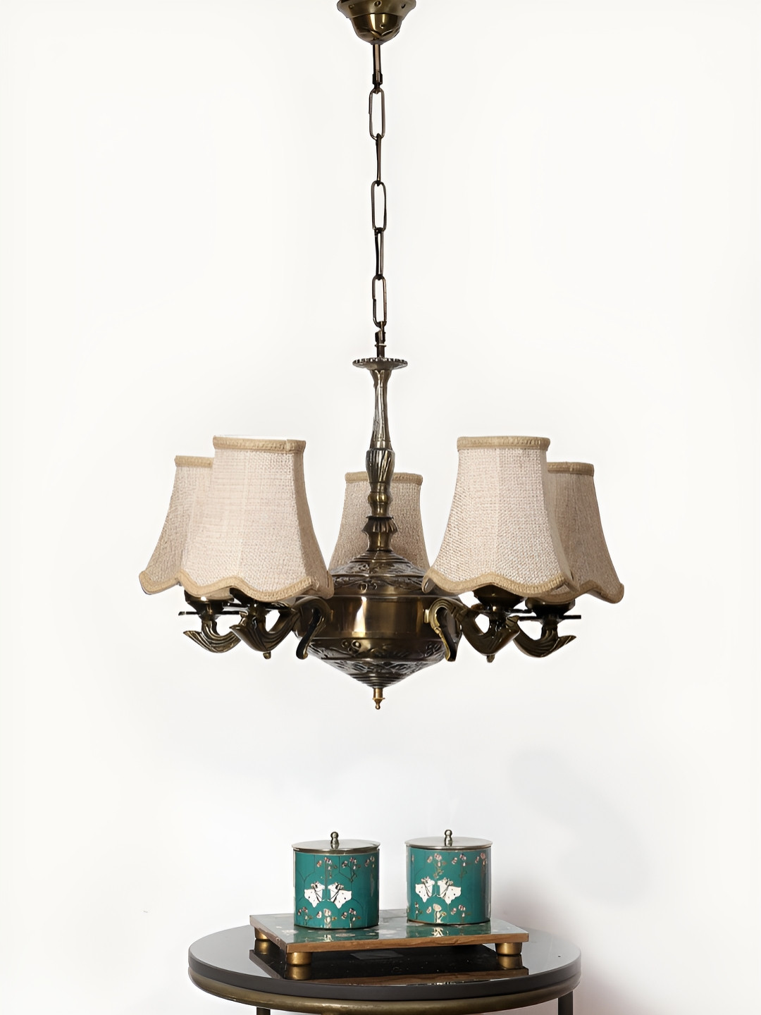 Devansh Beige Textured Vintage shade with Antique Golden Chandelier Metal Ceiling Lamp