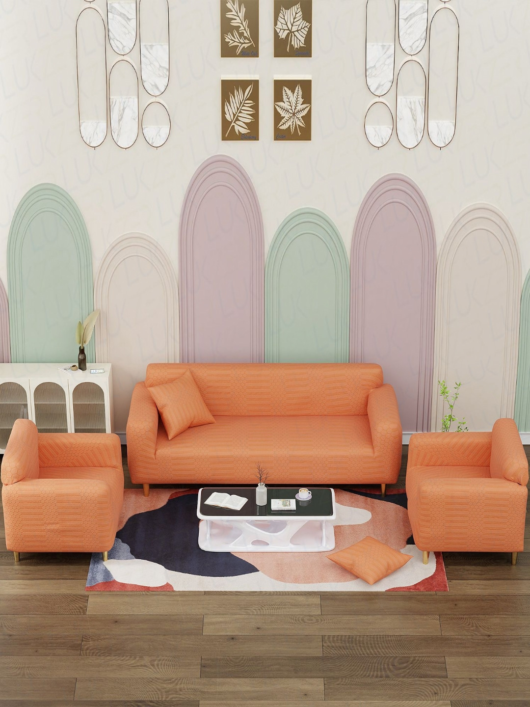 Lukzer Pastel Orange Dotted Stripe Pattern 5 Seater Sofa Cover