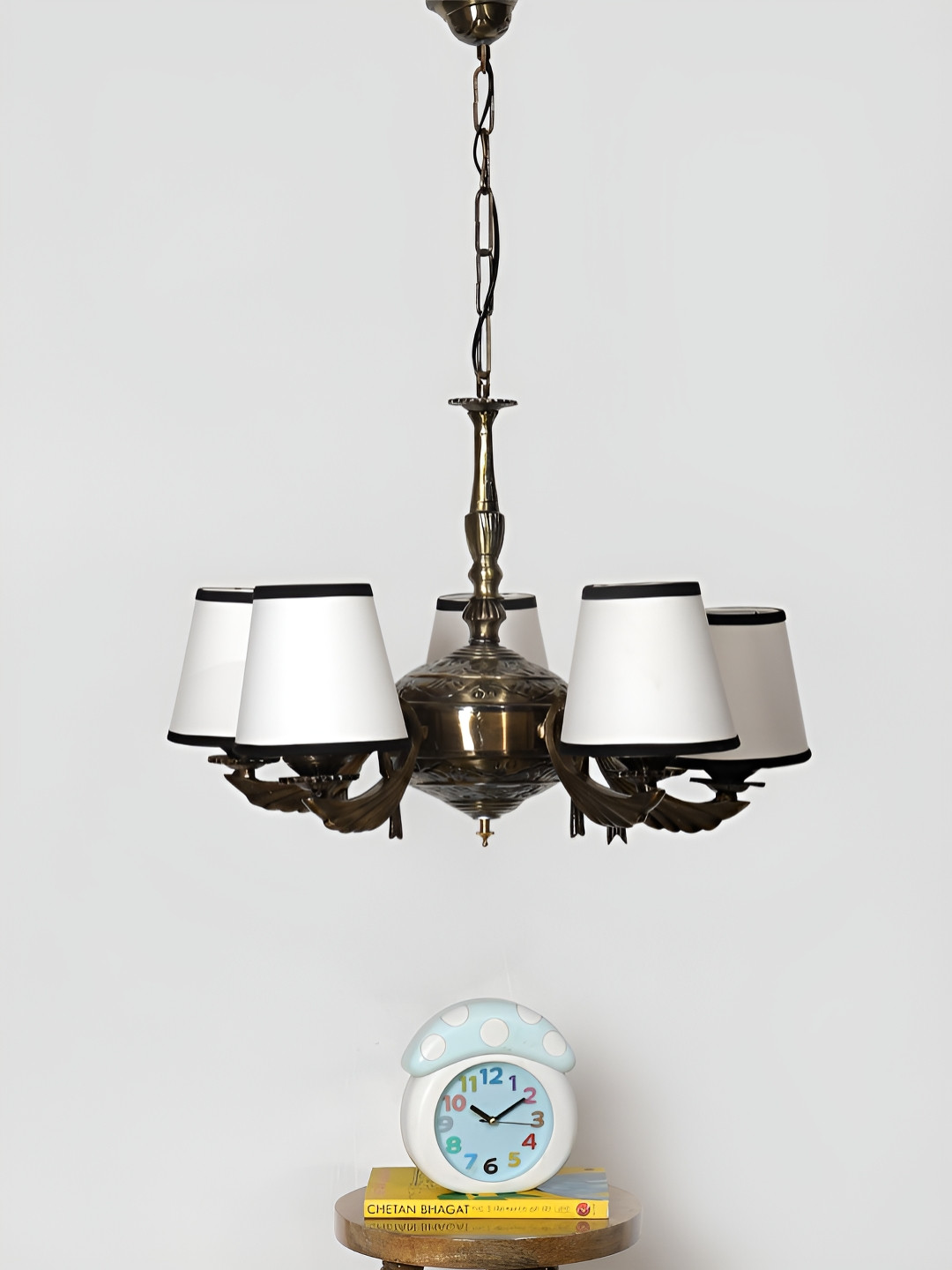 Devansh White Conical cotton shade with Antique Golden Chandelier Metal Ceiling Lamp