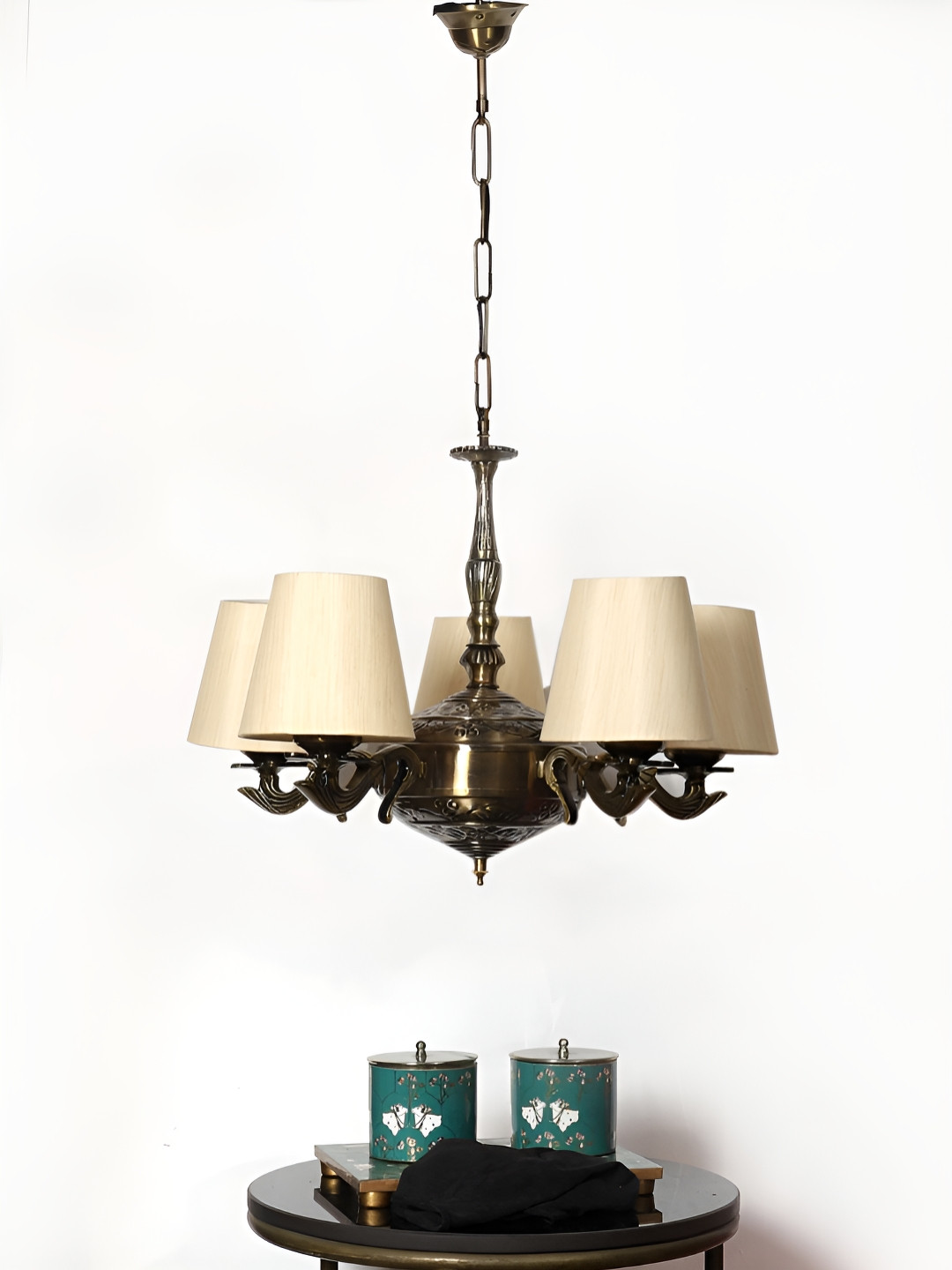 Devansh Off White & Brown cotton shade with Antique Golden Chandelier Ceiling Lamp