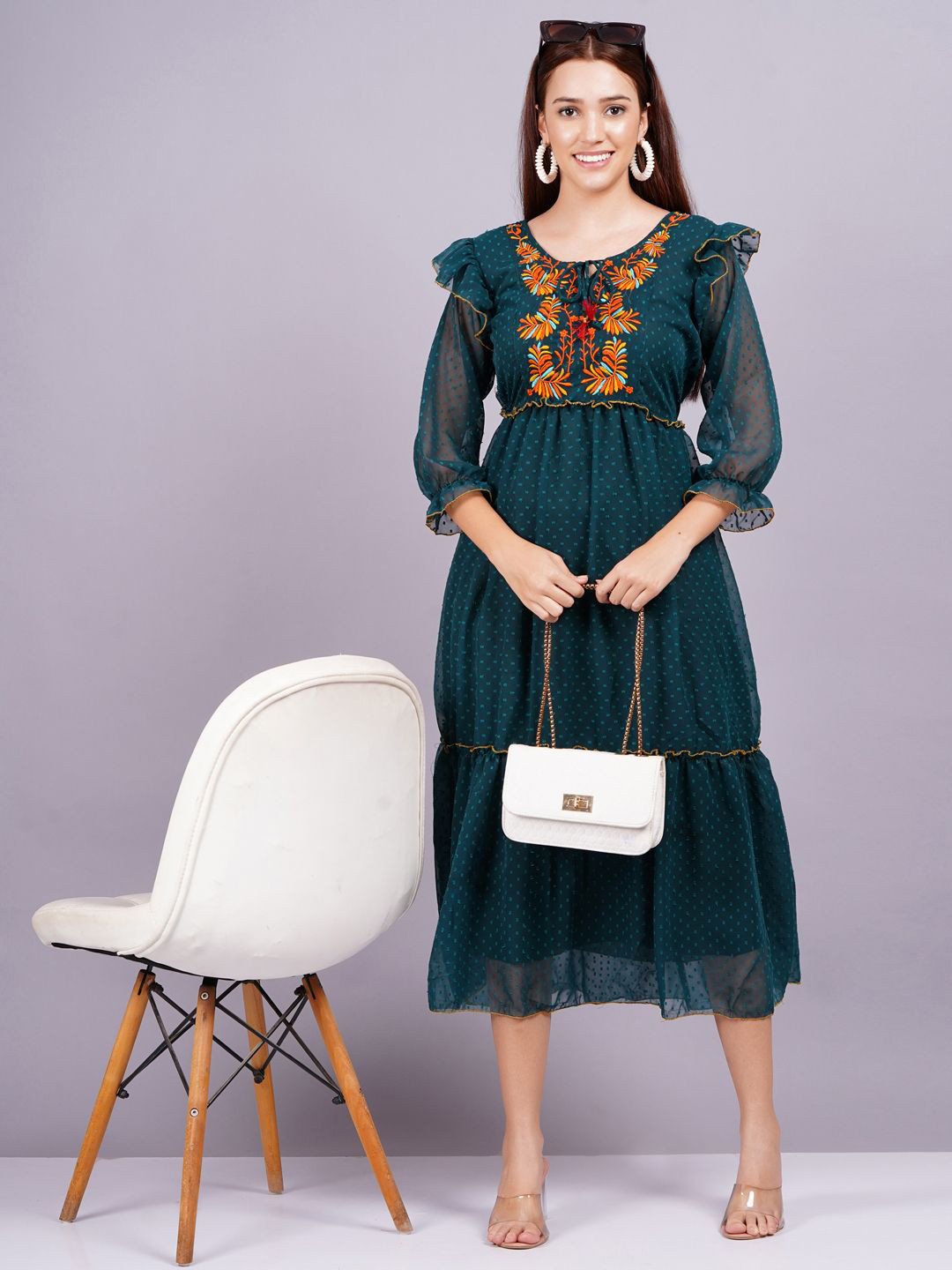 JC4U Tie-Up Neck Women Self Design Fit & Flare Tie-Up Neck Dress