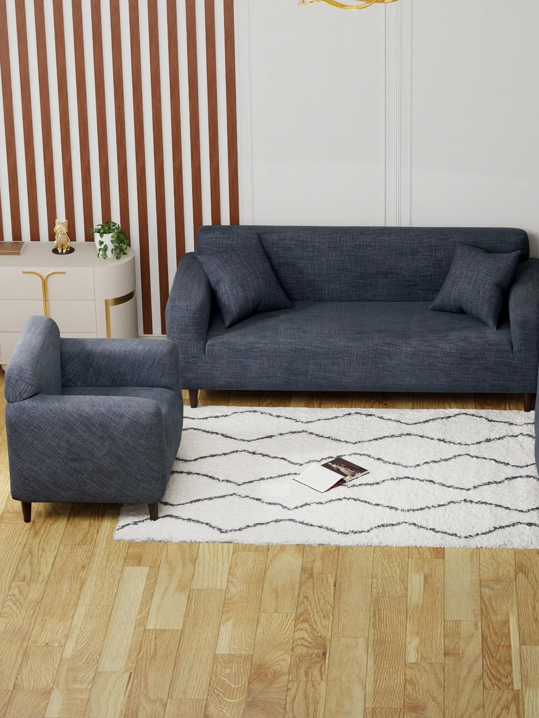 Lukzer Dark Blue Lining Design 5 Seater Sofa Cover