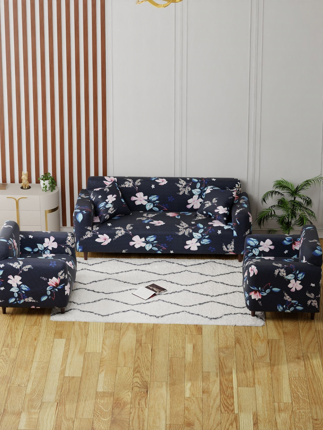 Lukzer Navy Blue Flower Design 5 Seater Sofa Cover with 2 Cushion Cover