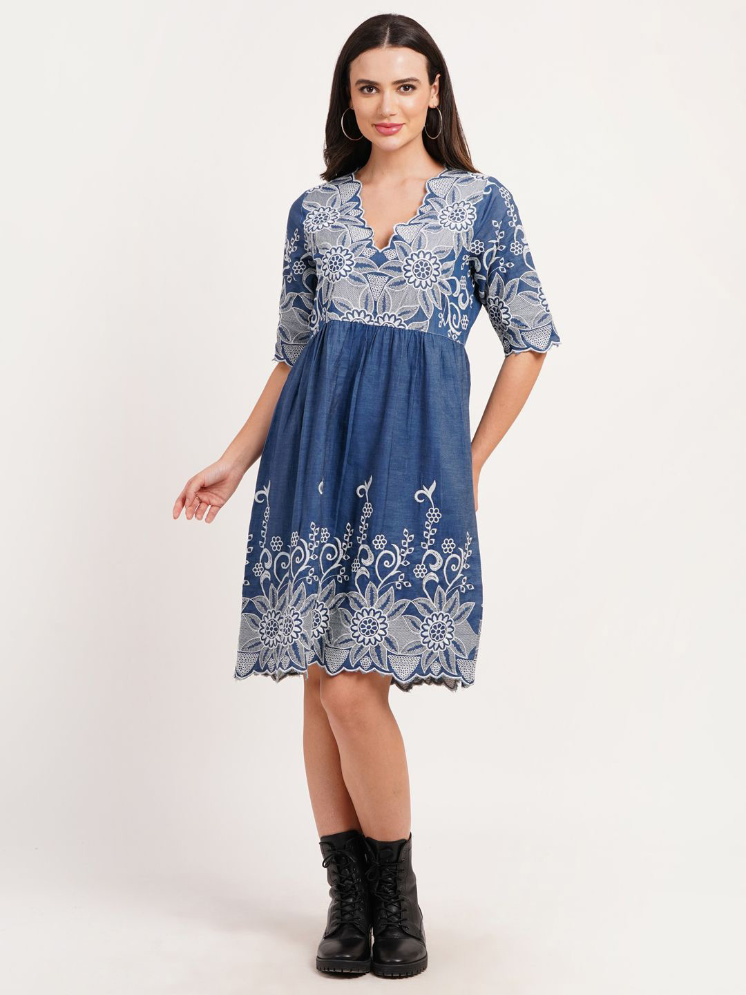 SUMAVI-FASHION Women Embroidered Denim Fit & Flare Dress Casual Wear