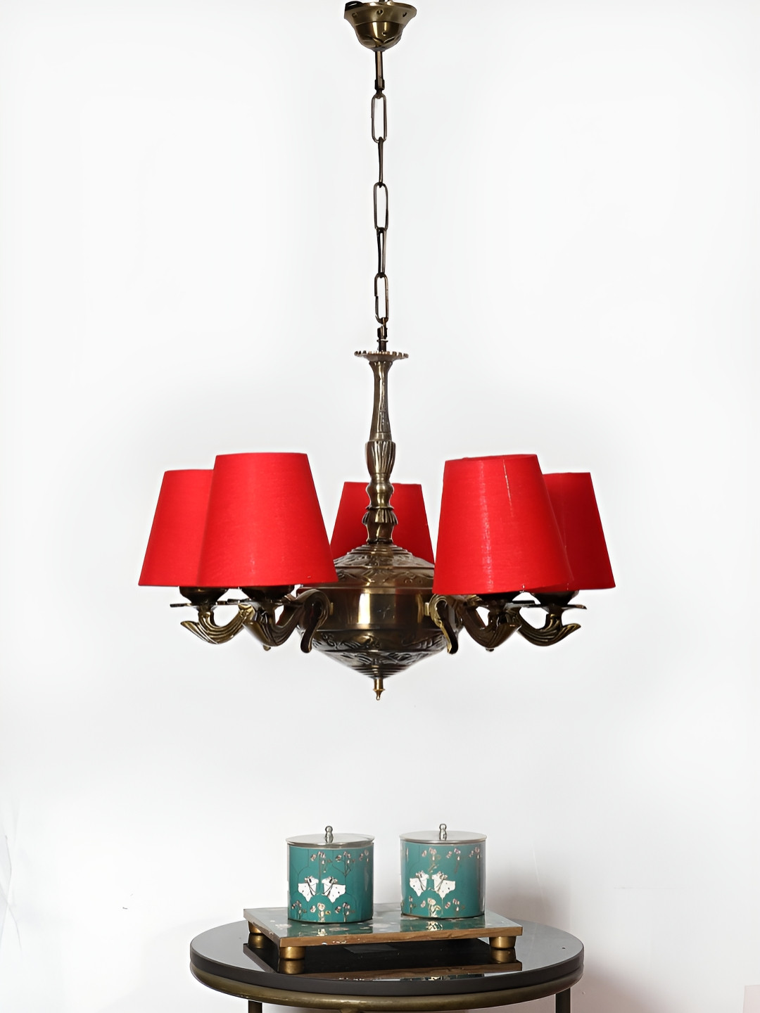 Devansh Red Conical Cotton shade with Antique Golden Chandelier Metal Ceiling Lamp