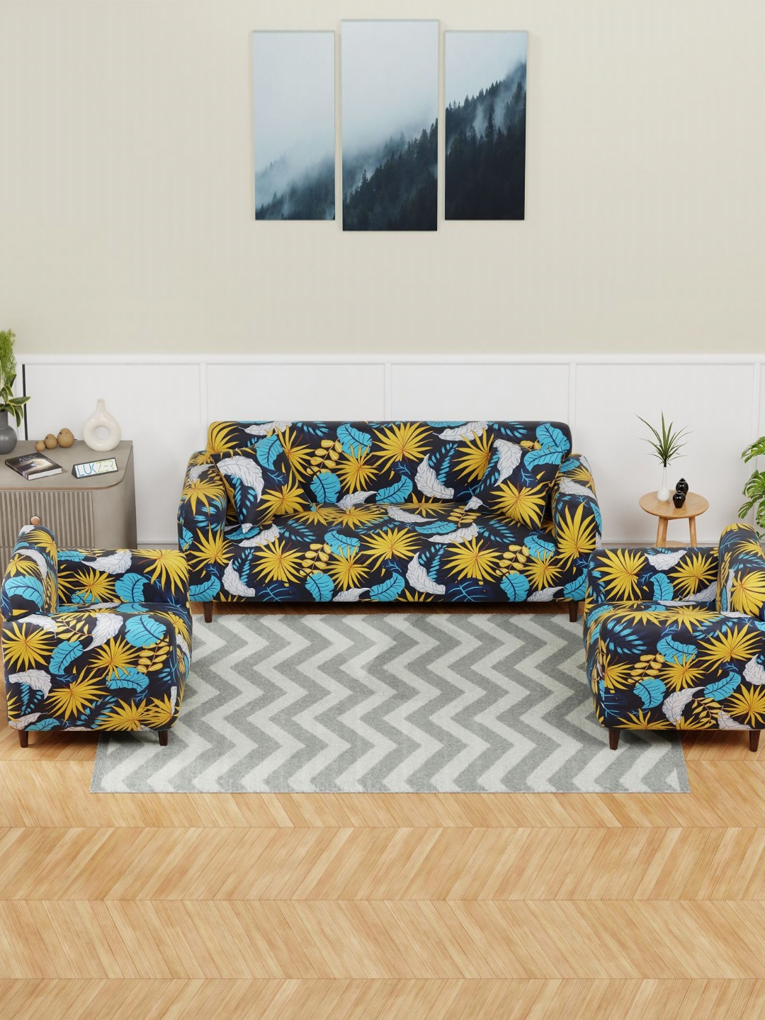 Lukzer Yellow Flower Design 5 Seater Sofa Cover