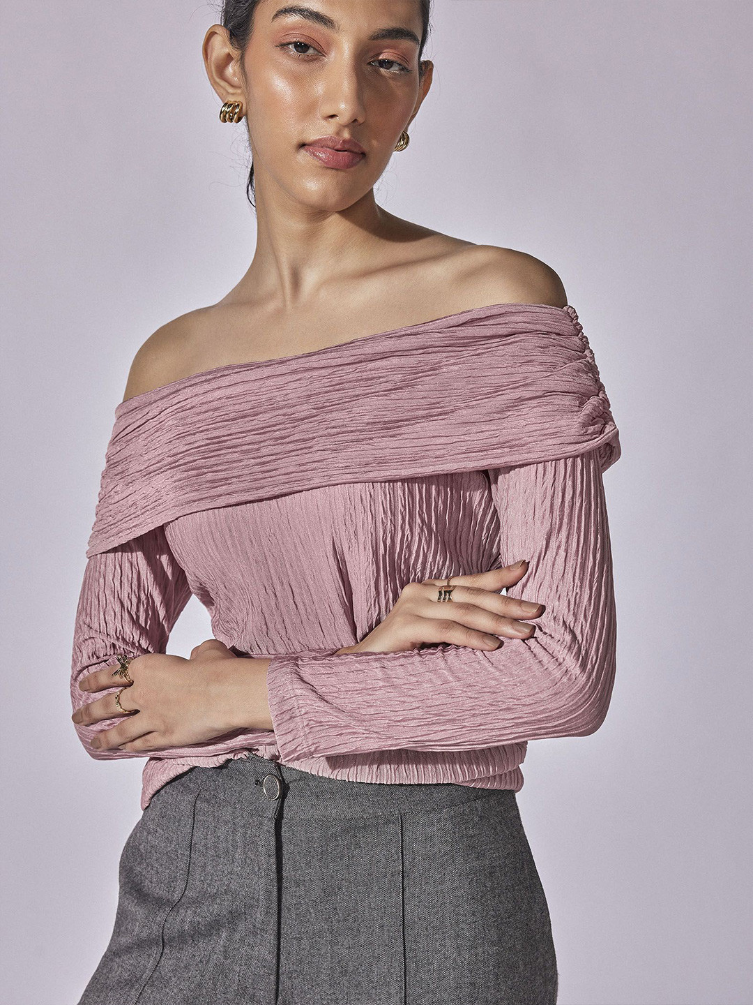 The Label Life Women Striped Off-Shoulder Crepe Bardot Crop Top
