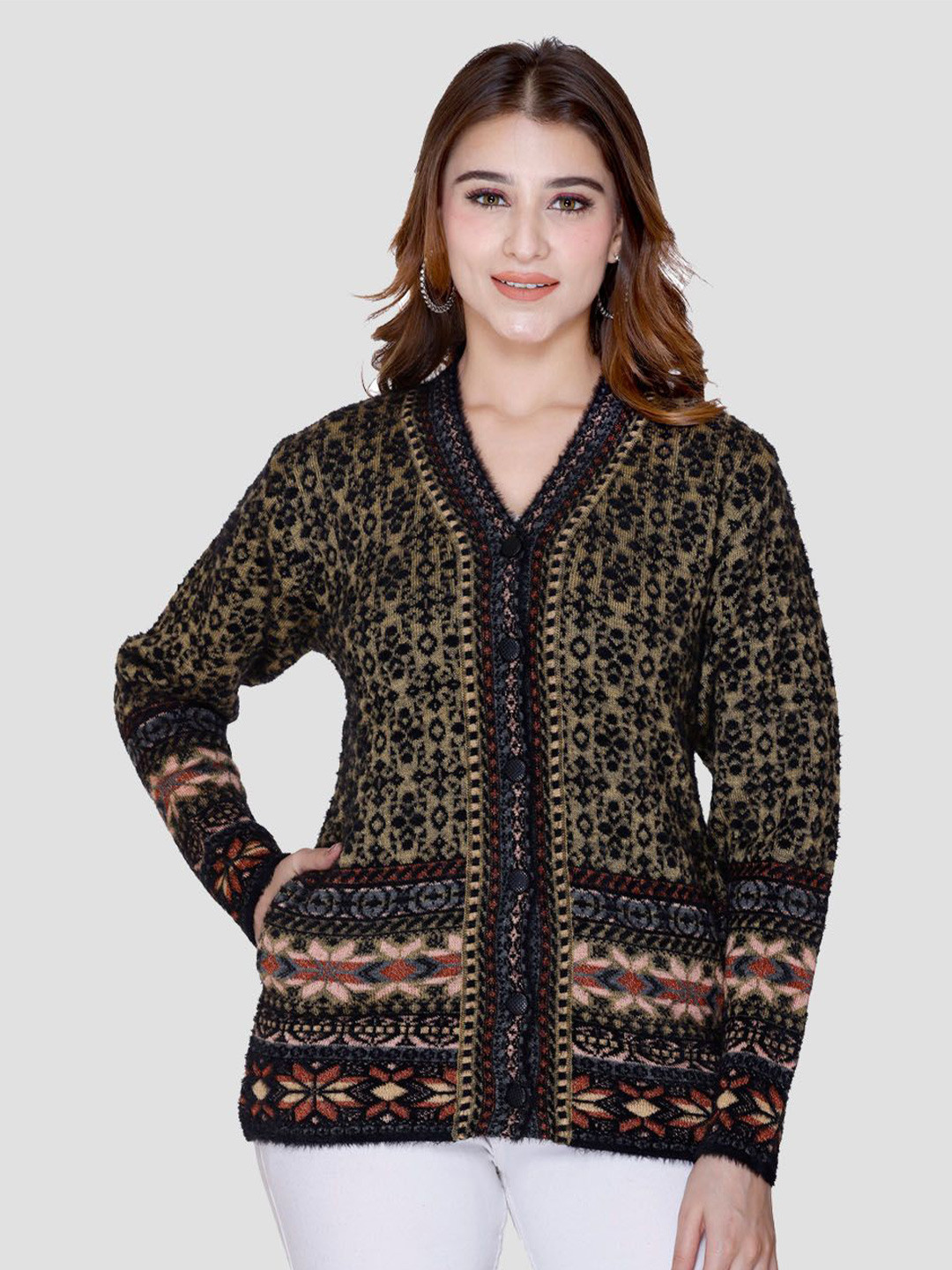 aarbee Women Abstract Printed Winter Cardigan