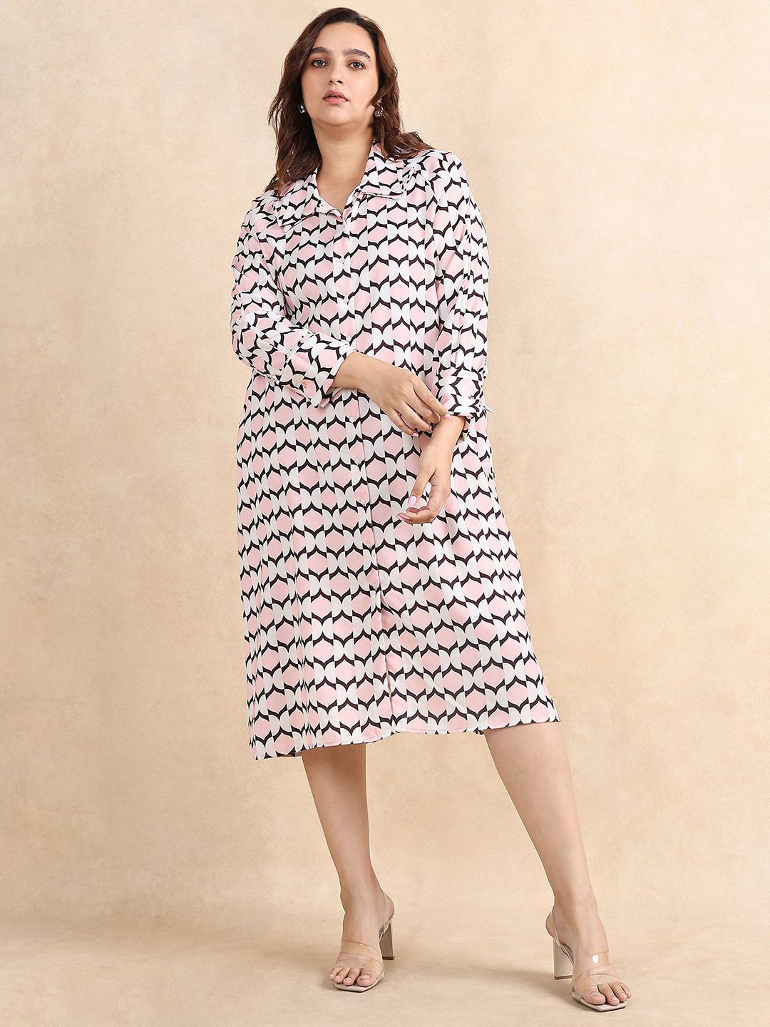 Rareism Plus Size Women Printed Formal Midi Shirt Dress
