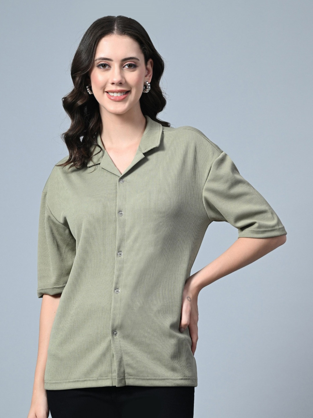 Genzy Women Peter Pan Collar Drop-Shoulder Sleeves  Oversized T-shirt